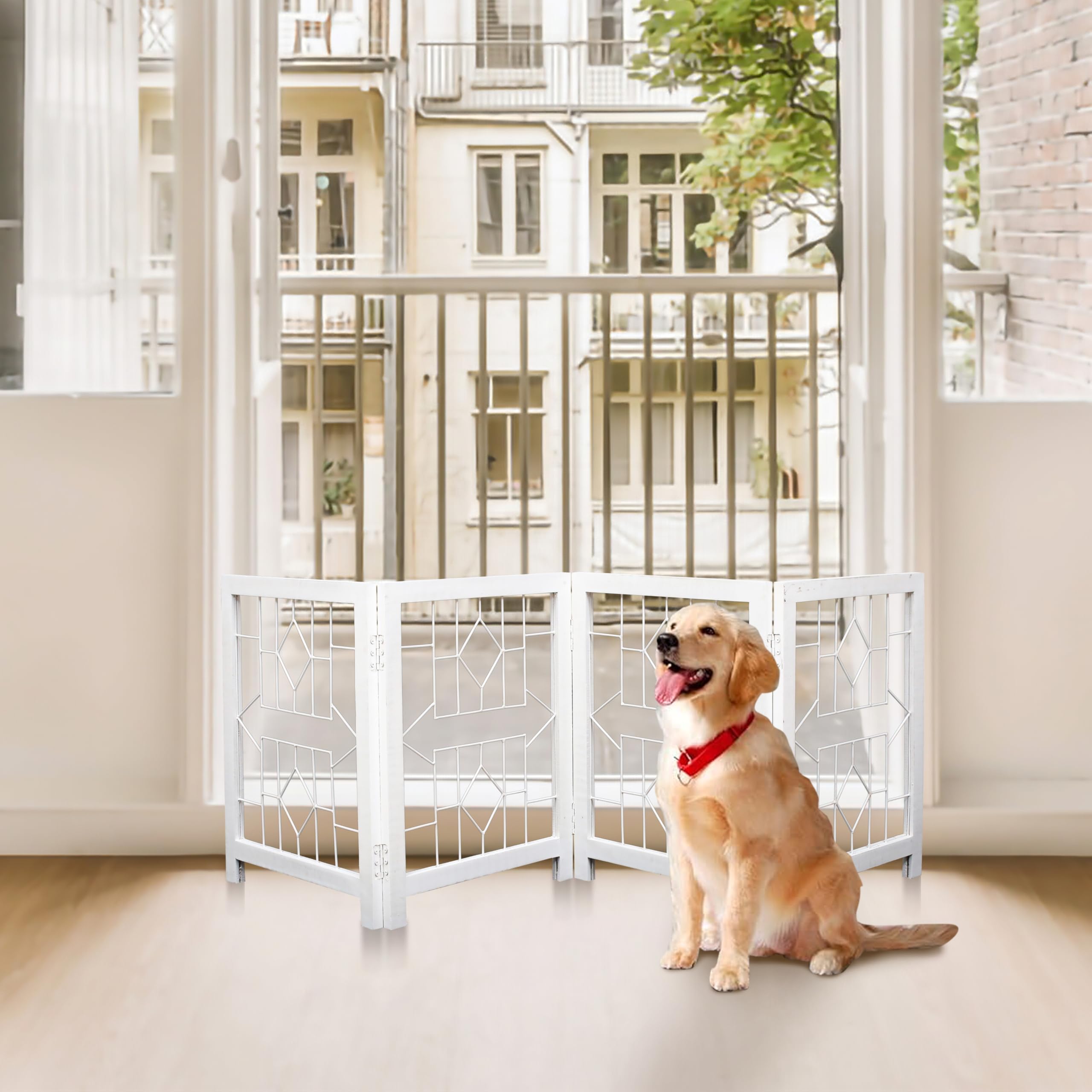 Foldable Freestanding Wooden Dog Gate - 72 Wide, 4 Panels (18 Each), Indoor Pet Gate For Doorways, Stairs & Home - White