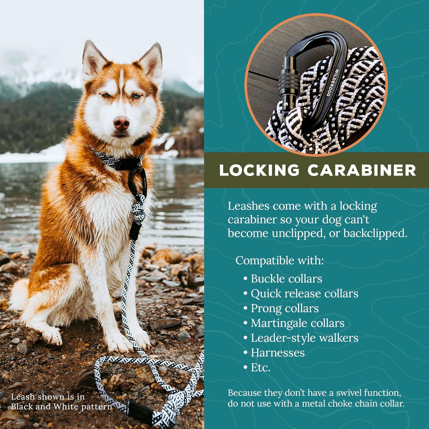 Wilderdog Carabiner Climbing Rope Dog Leash For Medium & Large Dogs - 5Ft - Black & White