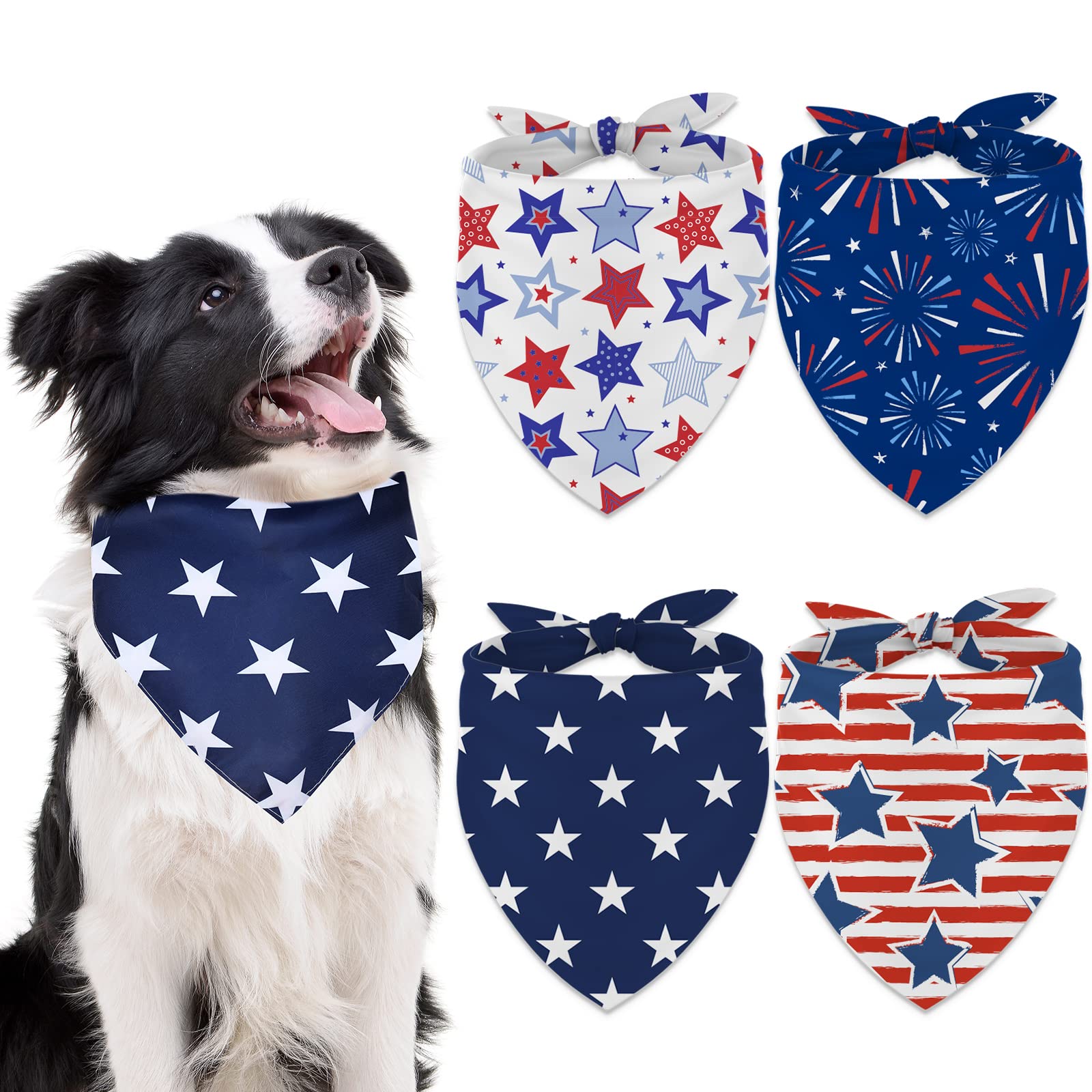 Anydesign 4Pcs Patriotic Dog Bandanas Red Blue Stars Firework Triangle Dog Bibs Adjustable American Flag Style Pet Scarf 4Th Of 