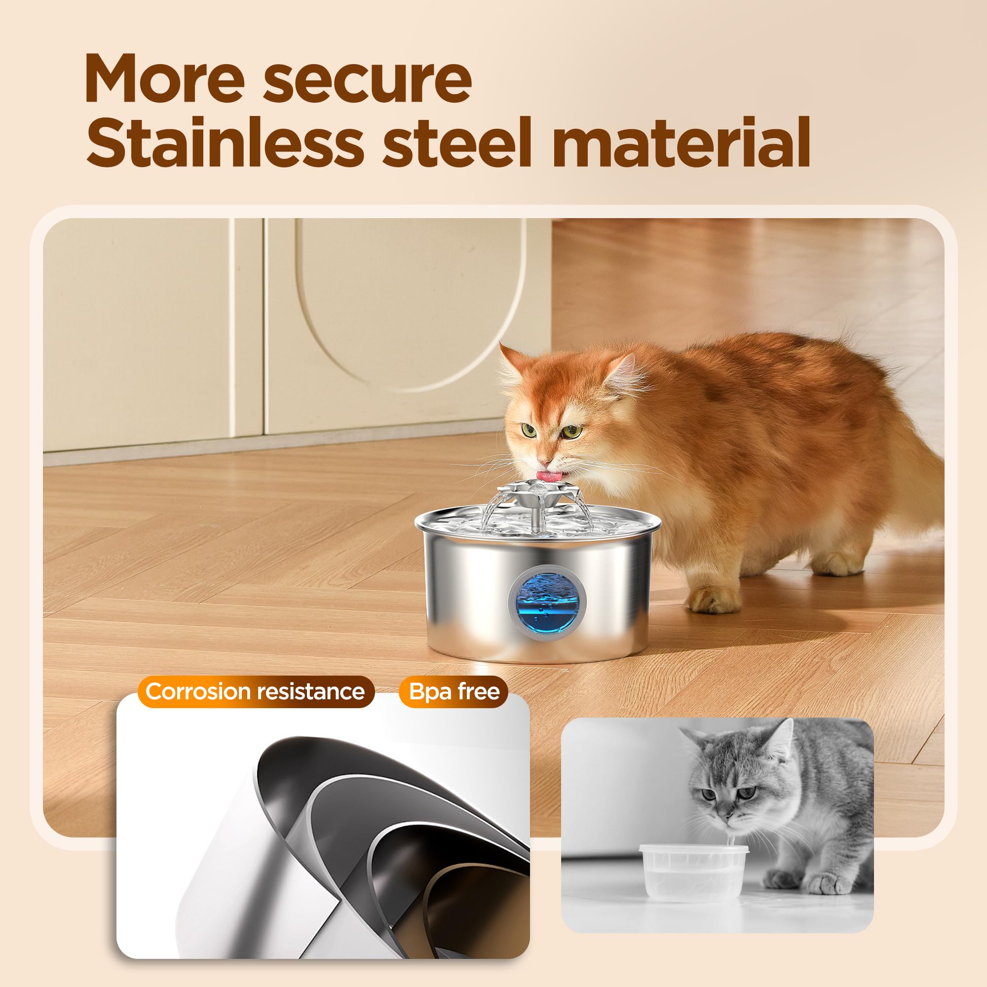 Stainless Steel Cat Water Fountain: 88oz/2.6L Ultra Quiet Pet Fountain with Flower Kitty Spout & LED Blue Light Water Dispenser