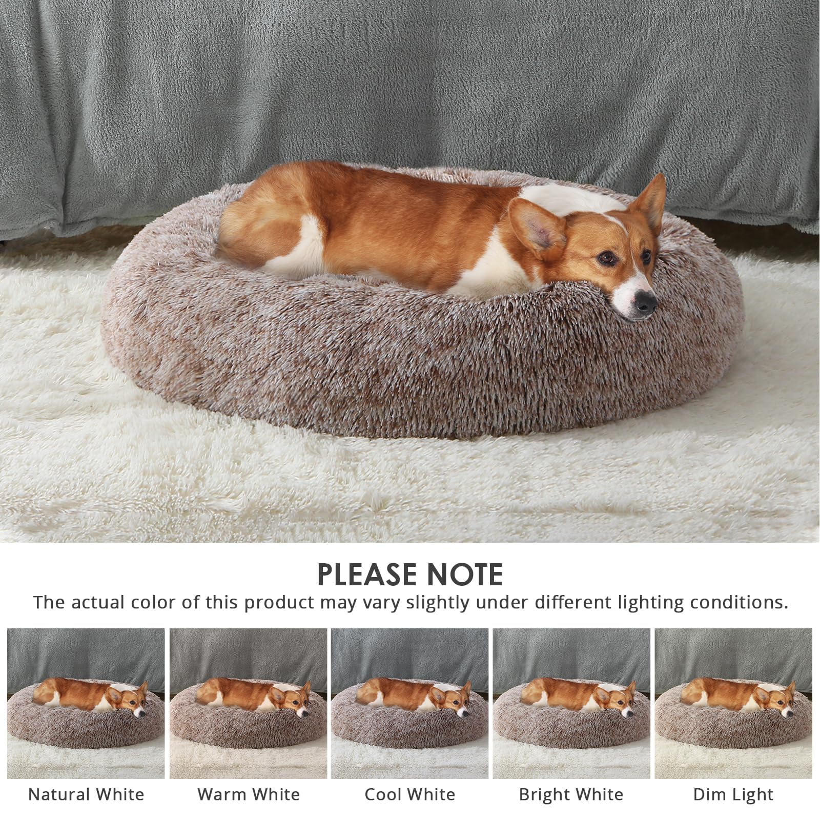 JOLLYVOGUE Dog & Cat Bed, Calming Faux Fur Donut Cushion for Small Pets, 20" Brown
