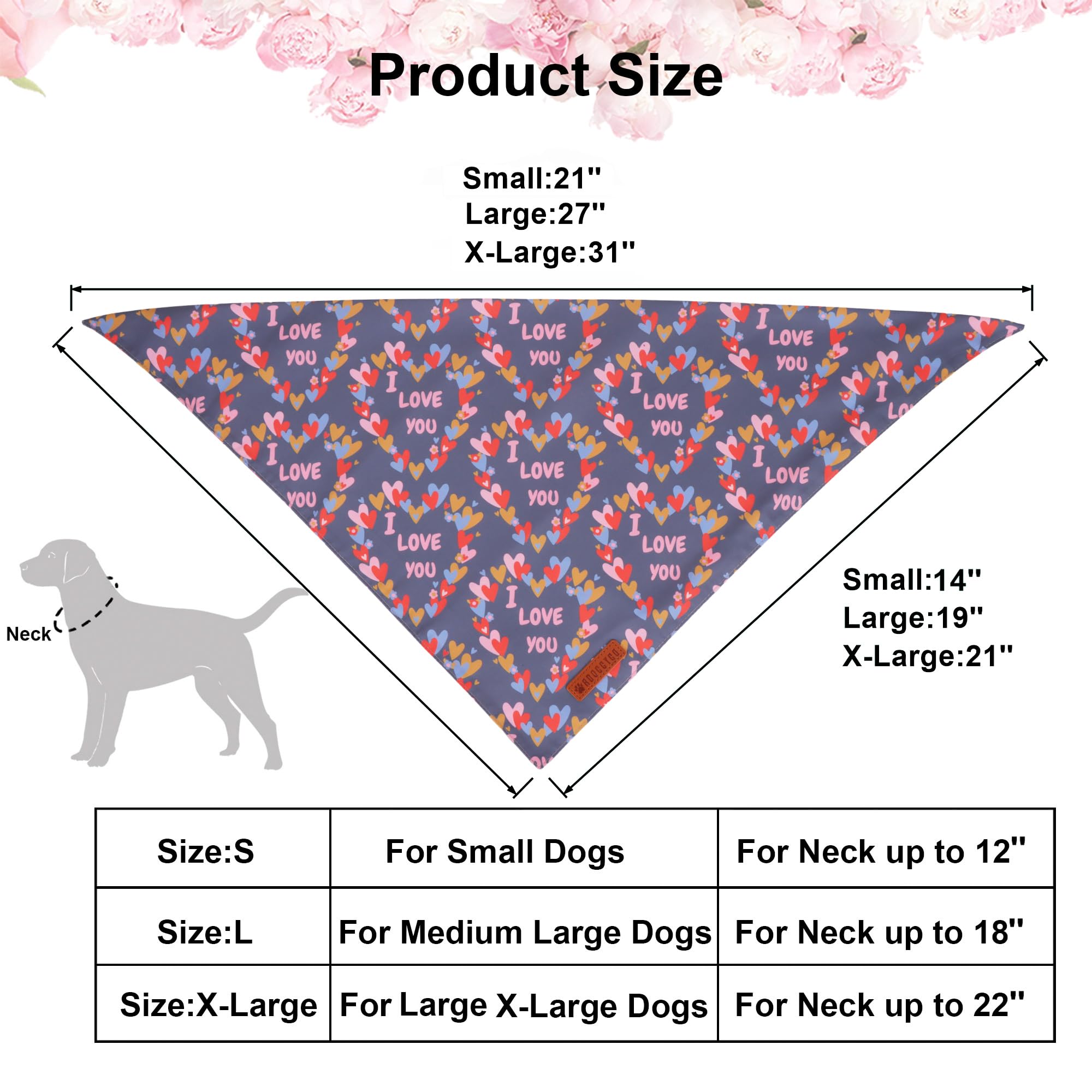 ADOGGYGO Valentine Dog Bandanas, Heart Love Floral Pet Scarf, Multi Size Offered, Pink Blue Pet Valentine Bandana for Large and