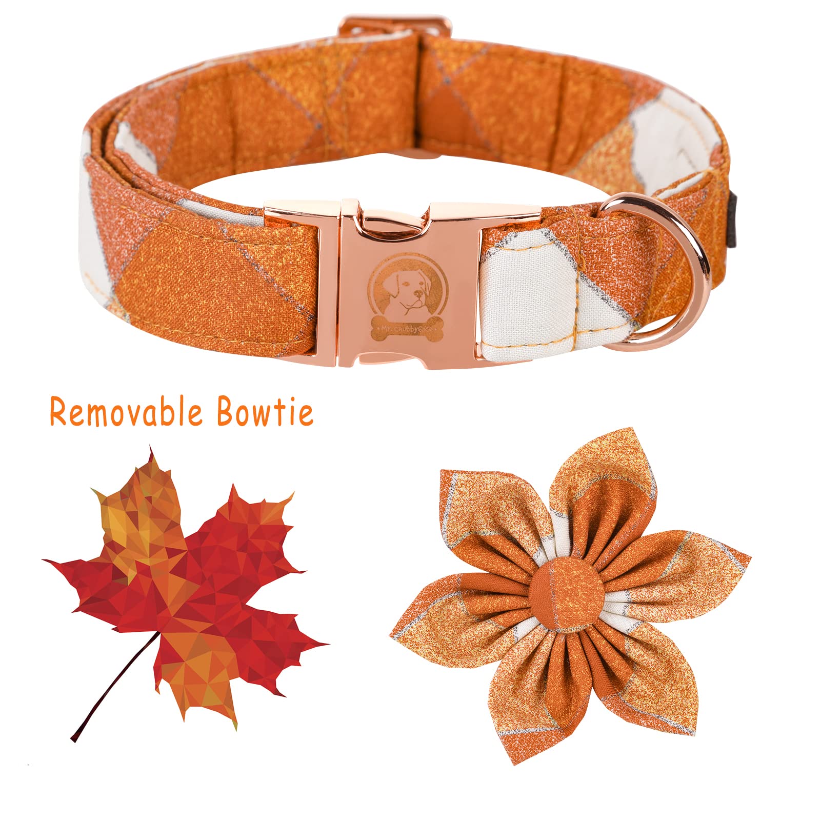 Fall Dog Collar With Flower, Orange Plaid Flower Dog Collar, Boy Girl Dog Collars For Small Medium Large Dogs