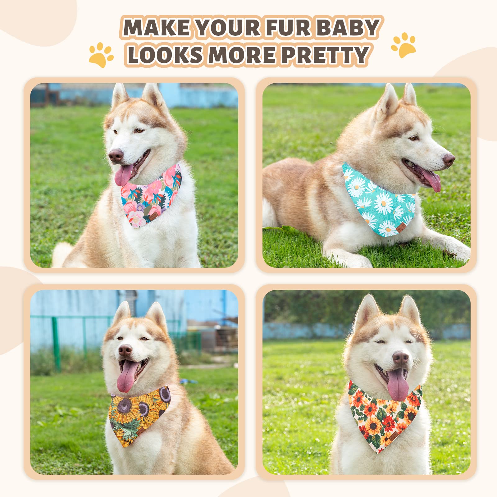 Charcy Bandanas 4 Pack, Fall Bandana For Boy Girl Dog Holiday Birthday, Adjustable Durable Scarf, Unique Design - Sunflower Tria