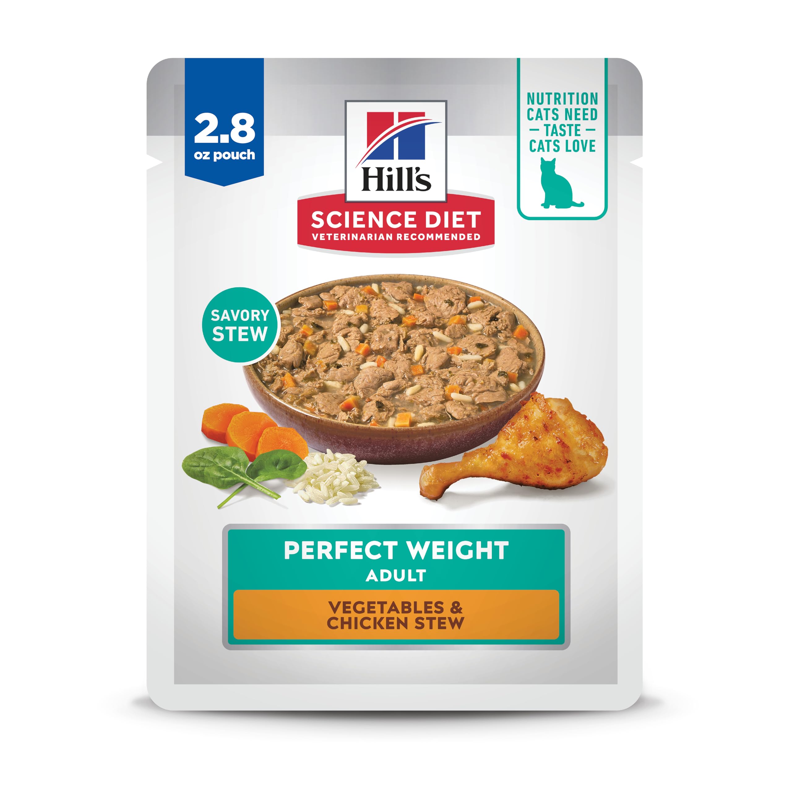 Hills Science Diet Perfect Weight, Adult 1-6, Weight Management Support, Wet Cat Food, Chicken & Vegetables Stew, 2.8 oz Pouch,