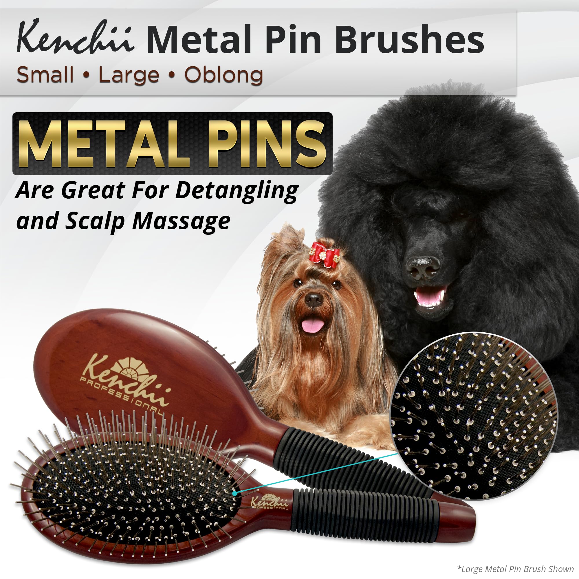 Kenchii Pet Grooming Metal Pin Brush - Solid Wood, Non-Slip Grip, Oblong Size for Long/Short Haired Pets, Berry Color