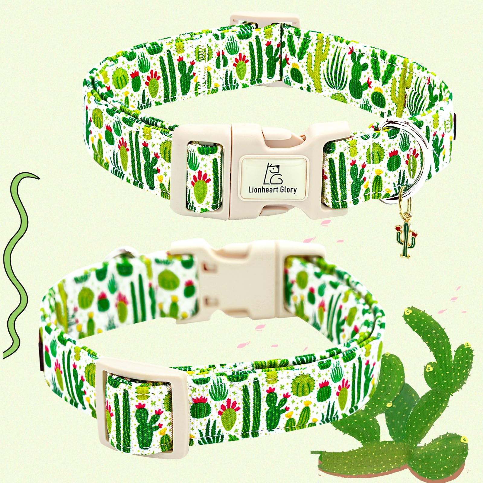 Lionheart Glory Dog Collar Green Cactus Print Collar For Medium Dogs Spring Summer Female Or Male Collars Pets Gift Adjustable H