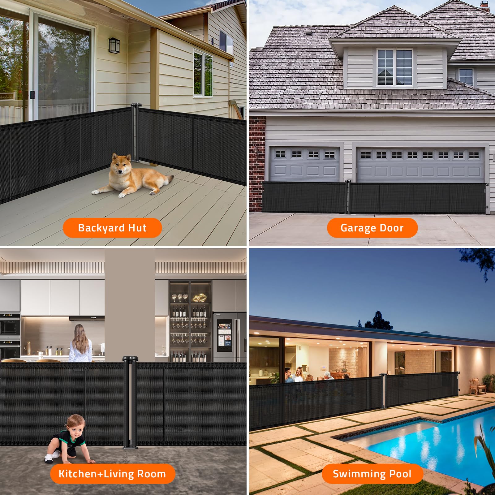 2-in-1 Retractable Baby Gates, 41 Tall Mesh Dog Gate 1-Pack, One Side Up to 200 Wide, Total 400 Wide, Long Retractable Pet Gate