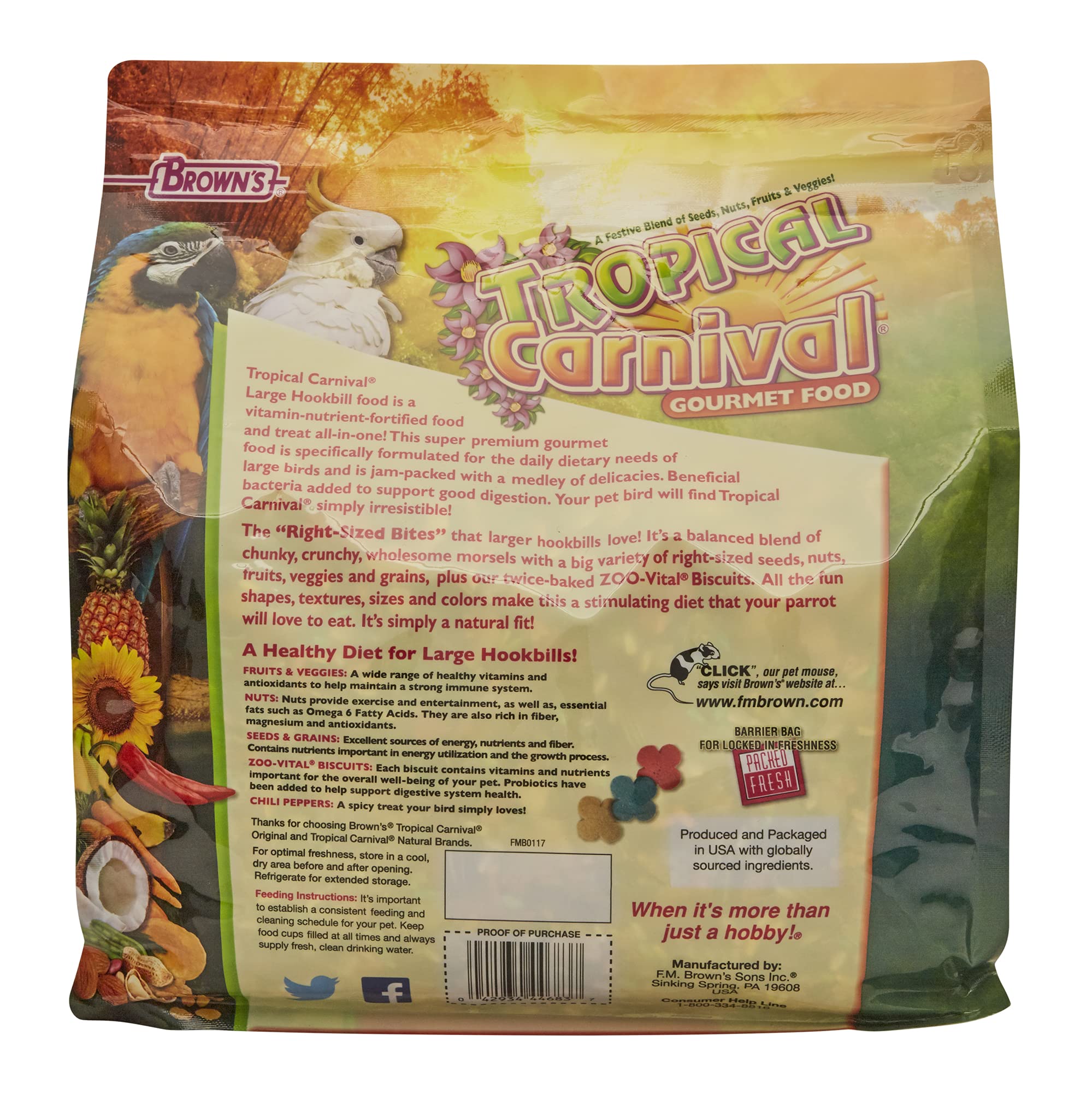 F.M. Browns Tropical Carnival Gourmet Large Hookbill Food for Parrots, Cockatoos and Macaws Over 13, 5-lb Bag - Vitamin-Nutrien