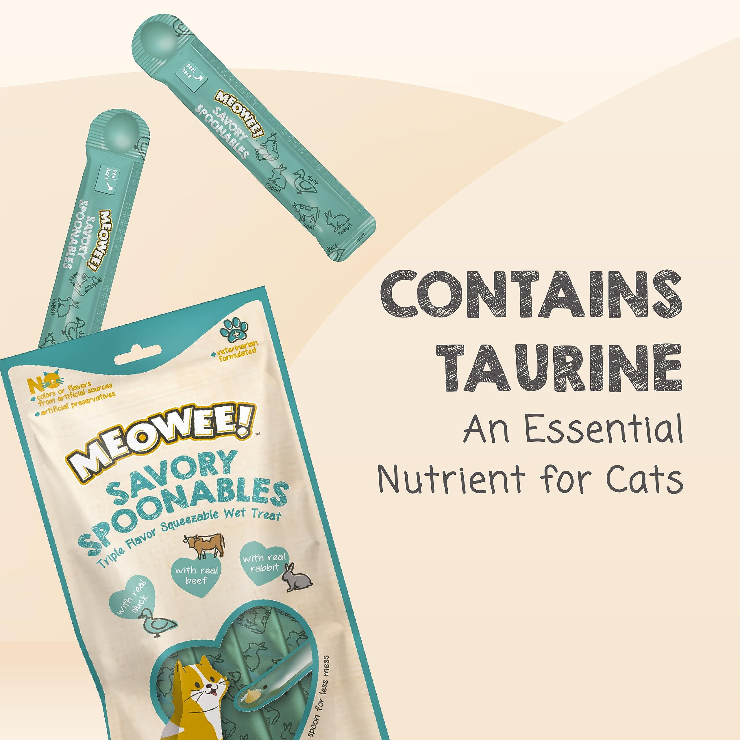 MEOWEE! Savory Spoonables with Real Duck, Beef & Rabbit, 4 Count Tube, Triple Flavor Squeezable Lickable Wet Treats for Cats wit