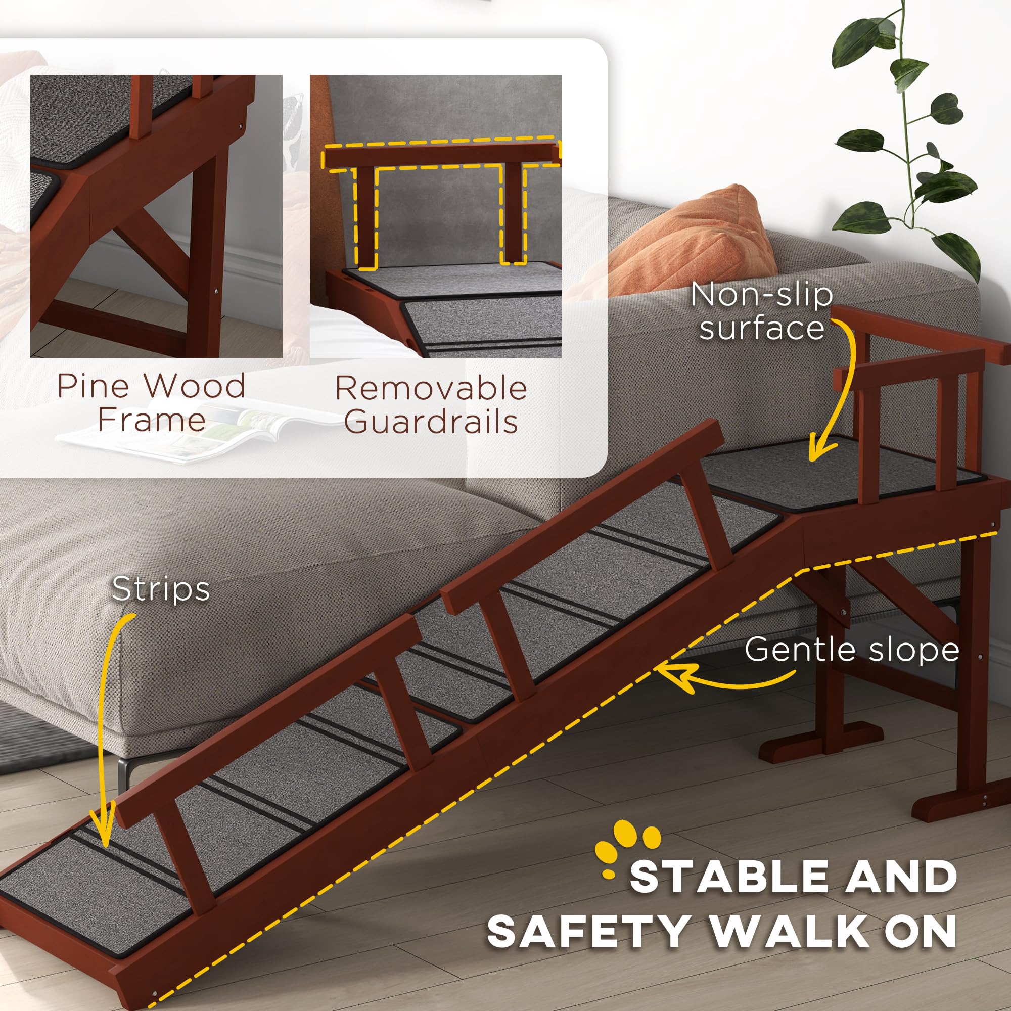 Pawhut Dog Ramp, Dog Stairs For Small, Medium & Large Dogs, Pet Ramp For Bed Or Couch With Removable Guardrails, Non-Slip Surfac