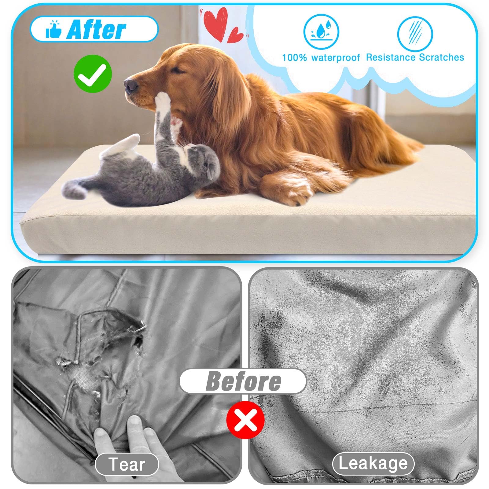 Dog Bed Covers Replacement Washable 100% Waterproof Dog Bed Sheets, Soft & Noiseless Pet Bed Cover 2 Pack 44'' X 35'' Beige