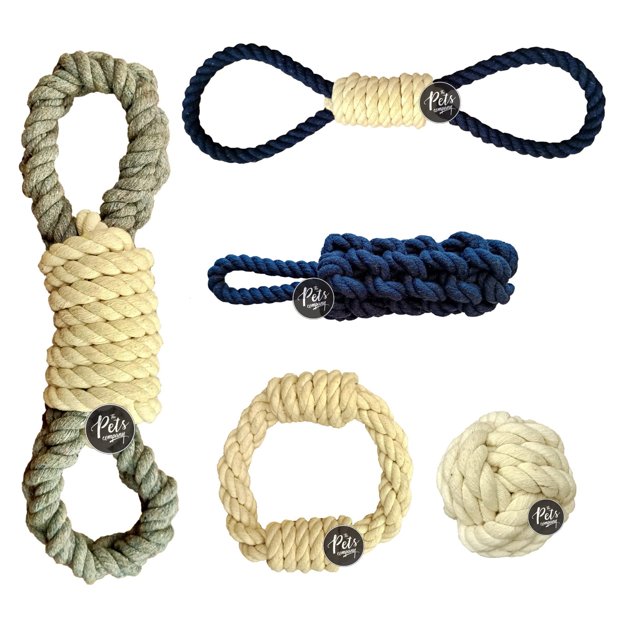 The Pets Company Dog Rope Toy For Adult Aggressive Chewers, Dental Cleaning (Thick Knot Tug + Ring + Ball + Loop Tug + Natural T