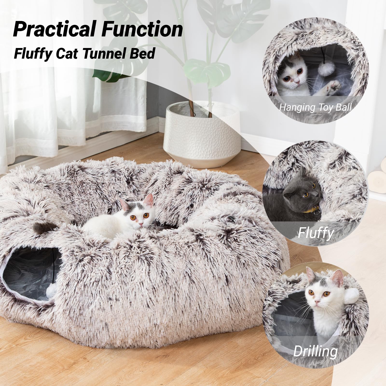 LUCKITTY Warm Fluffy Plush Cat Dog Tunnel Bed with Washable Cushion-Big Tube Playground Toys 3 FT Diameter Longer Crinkle Collap