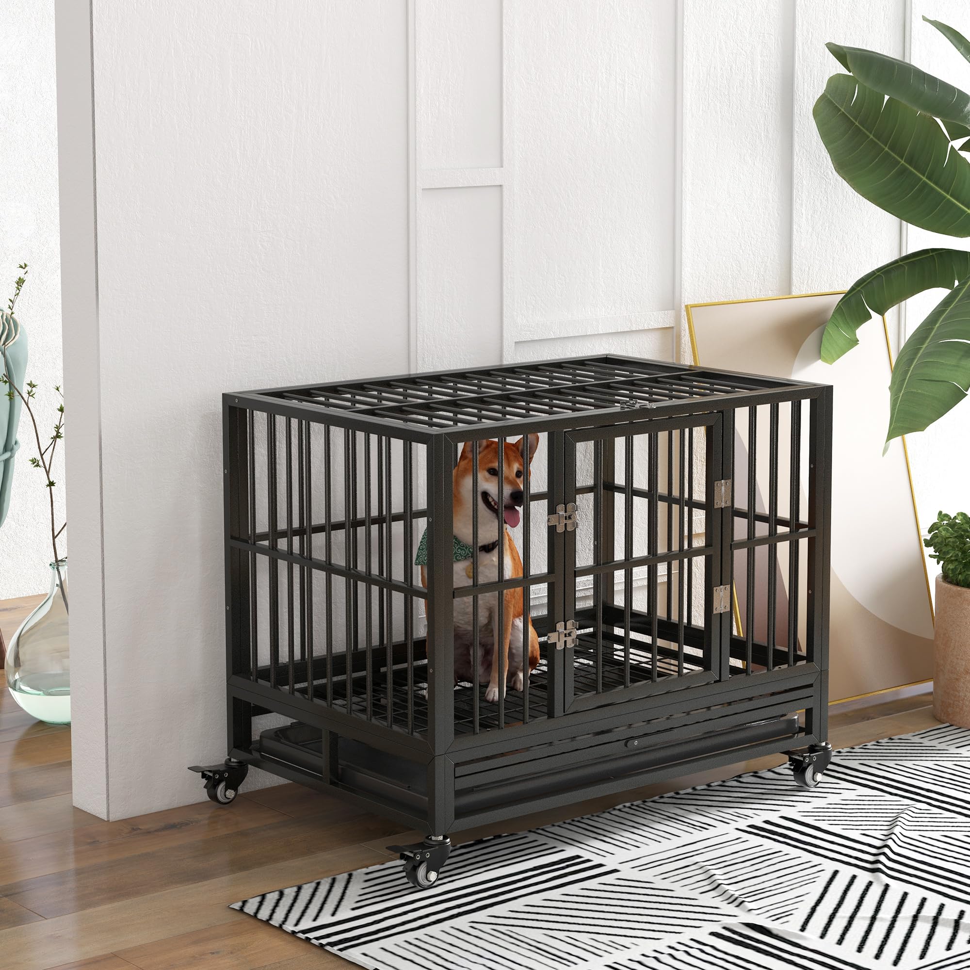 Pawhut 36' Heavy Duty Dog Crate Metal Cage Kennel With Lockable Wheels, Double Door And Removable Tray, Gray