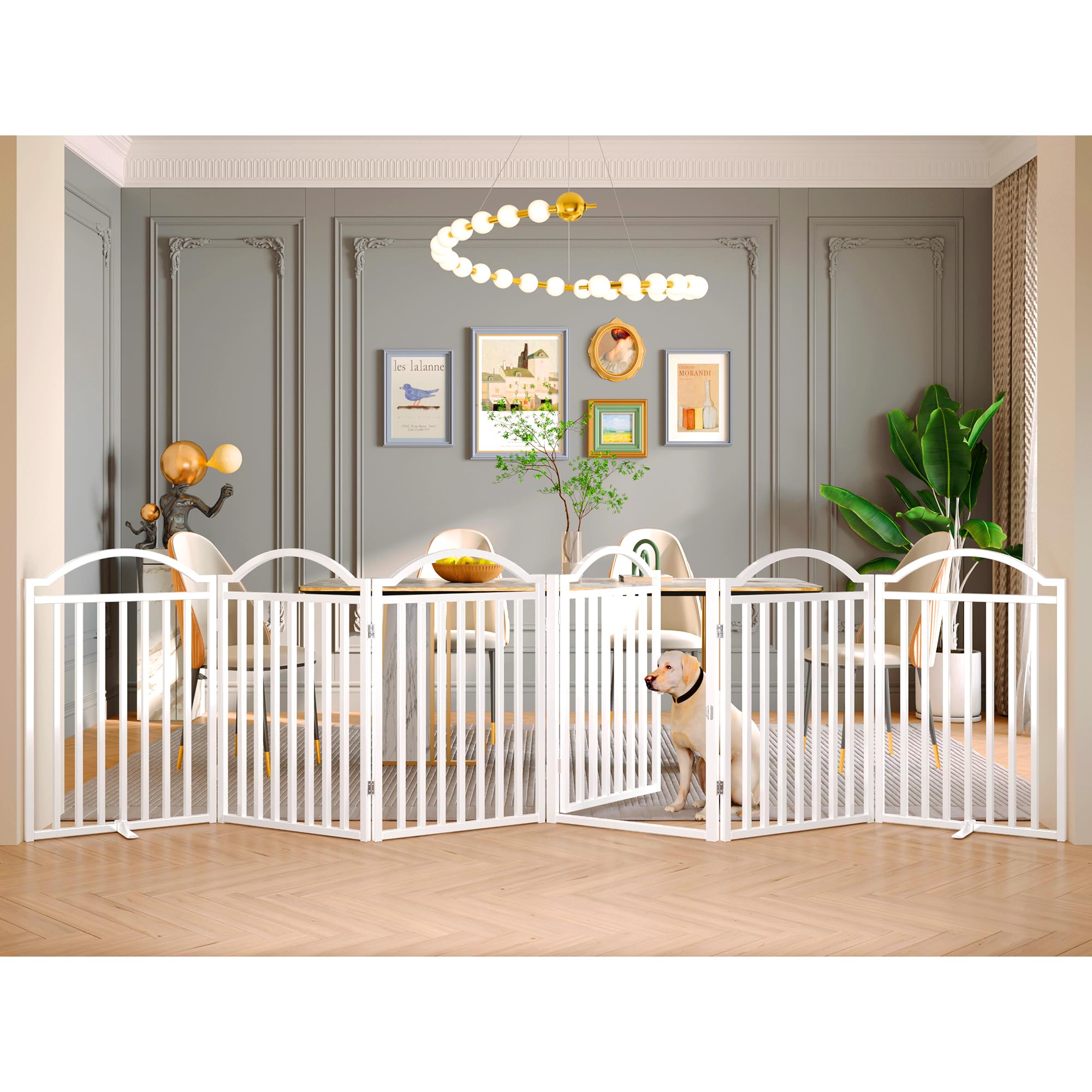 Bhg Metal No-Assembly Freestanding Dog Gate With Door Walk Through, Extra Wide 144, Extra Tall 32 Pet Gate, Accordion Puppy 