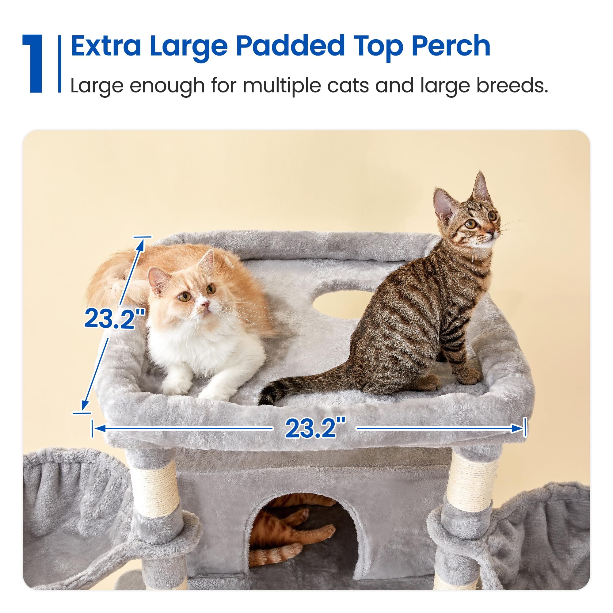 MWPO Extra Large Cat Tree, 77.6-Inch Tall, Light Grey, Engineered Wood, 2 Condos, 3 Hammocks, Model US-B871B