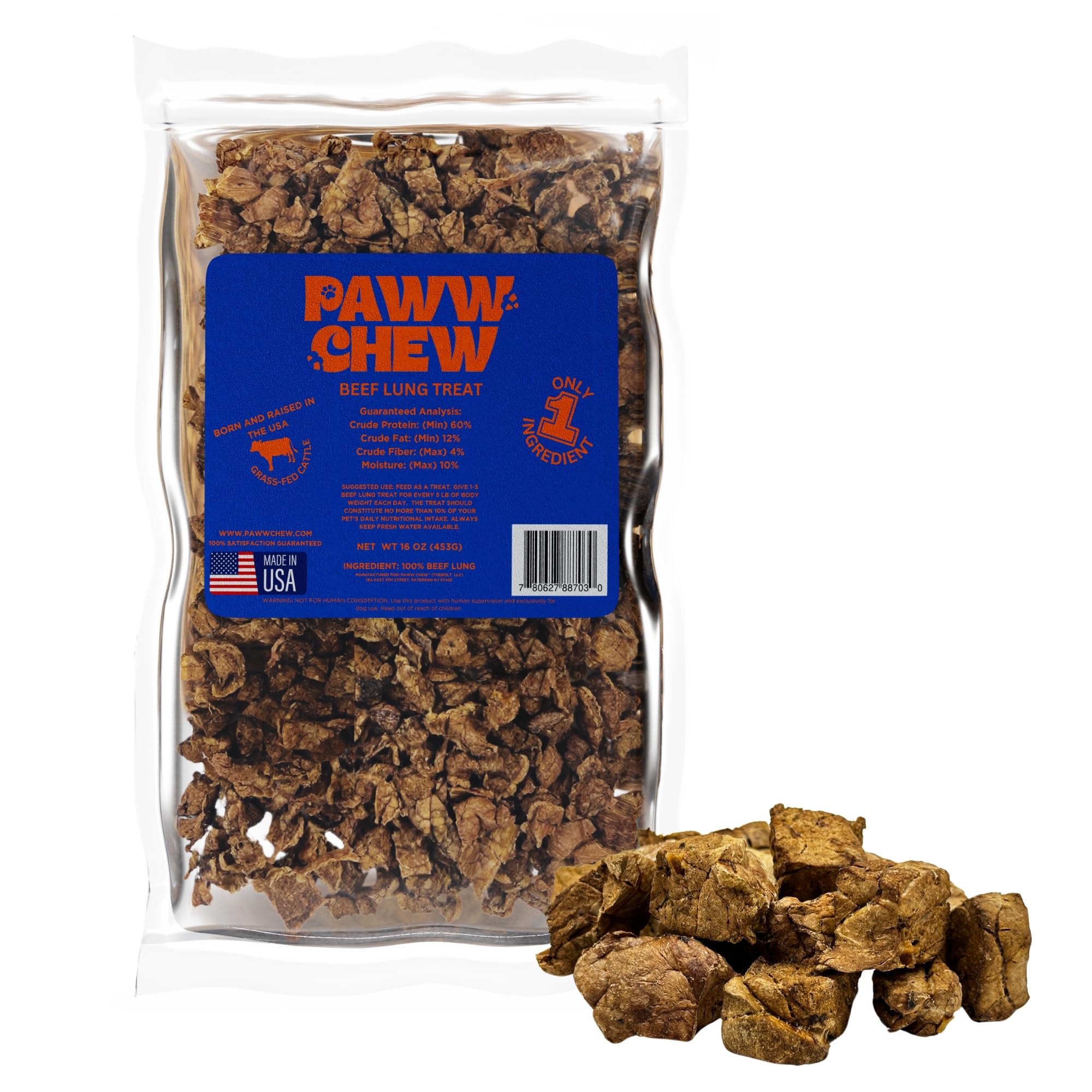 PAWW CHEW Beef Lung Dog Treats, 100% Natural, Single Ingredient, (1 Pound) Made in The USA, Dried & Dehydrated, High Protein, Hi