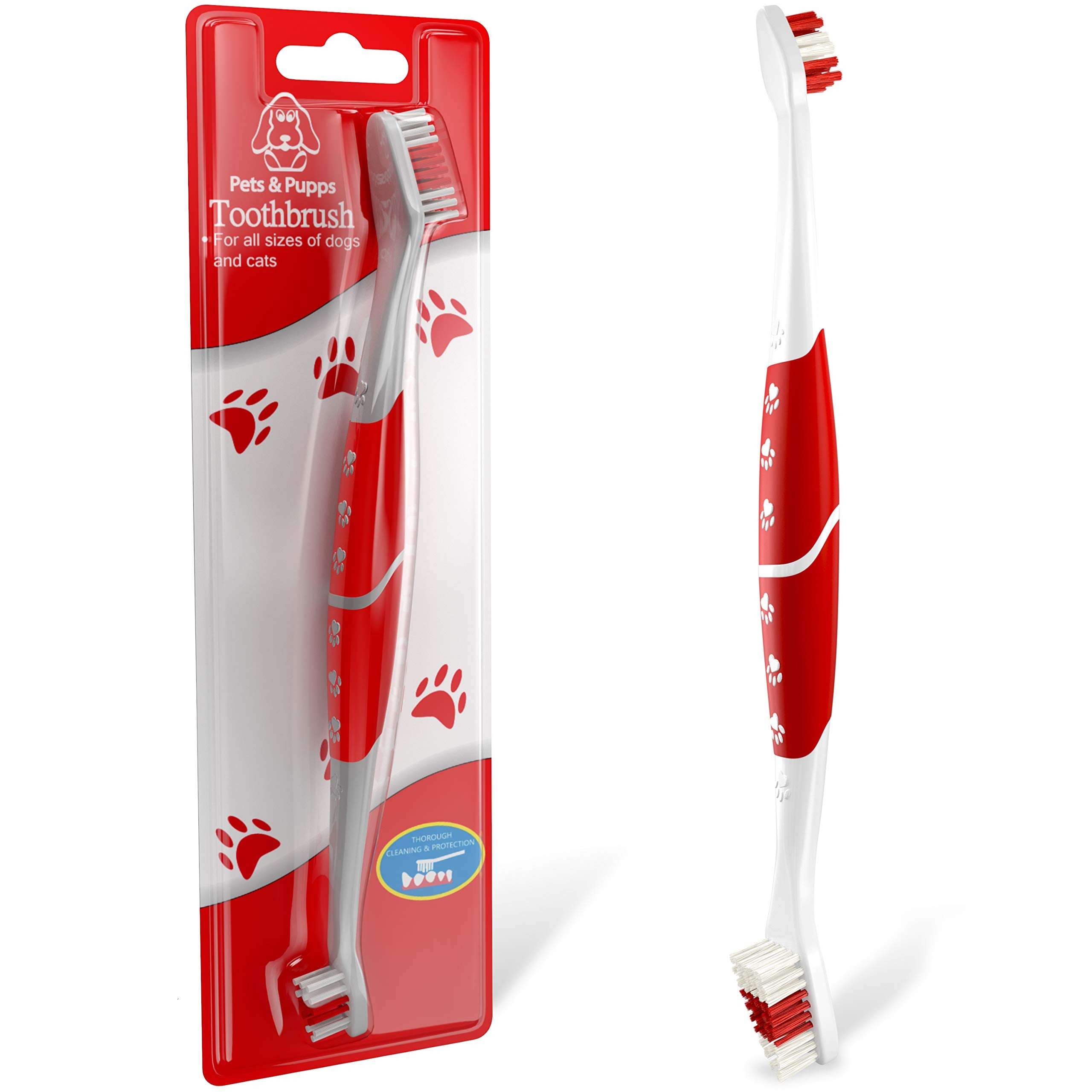 Pets & Pupps Pet Toothbrush for Dogs & Cats, Soft Bristles, Non-Slip Dual Head, Pack of 1, White & Red