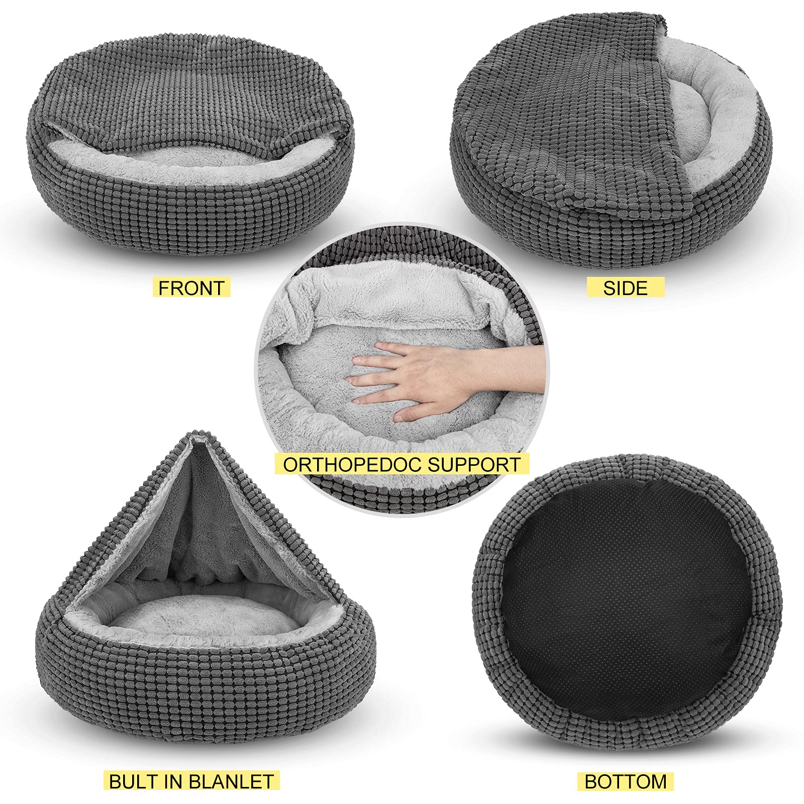 Siwa Mary Small Dog Bed With Attached Blanket, Cozy Donut Cuddler Anti-Anxiety Hooded Pet Beds Calming Cave Bed. Orthopedic Roun