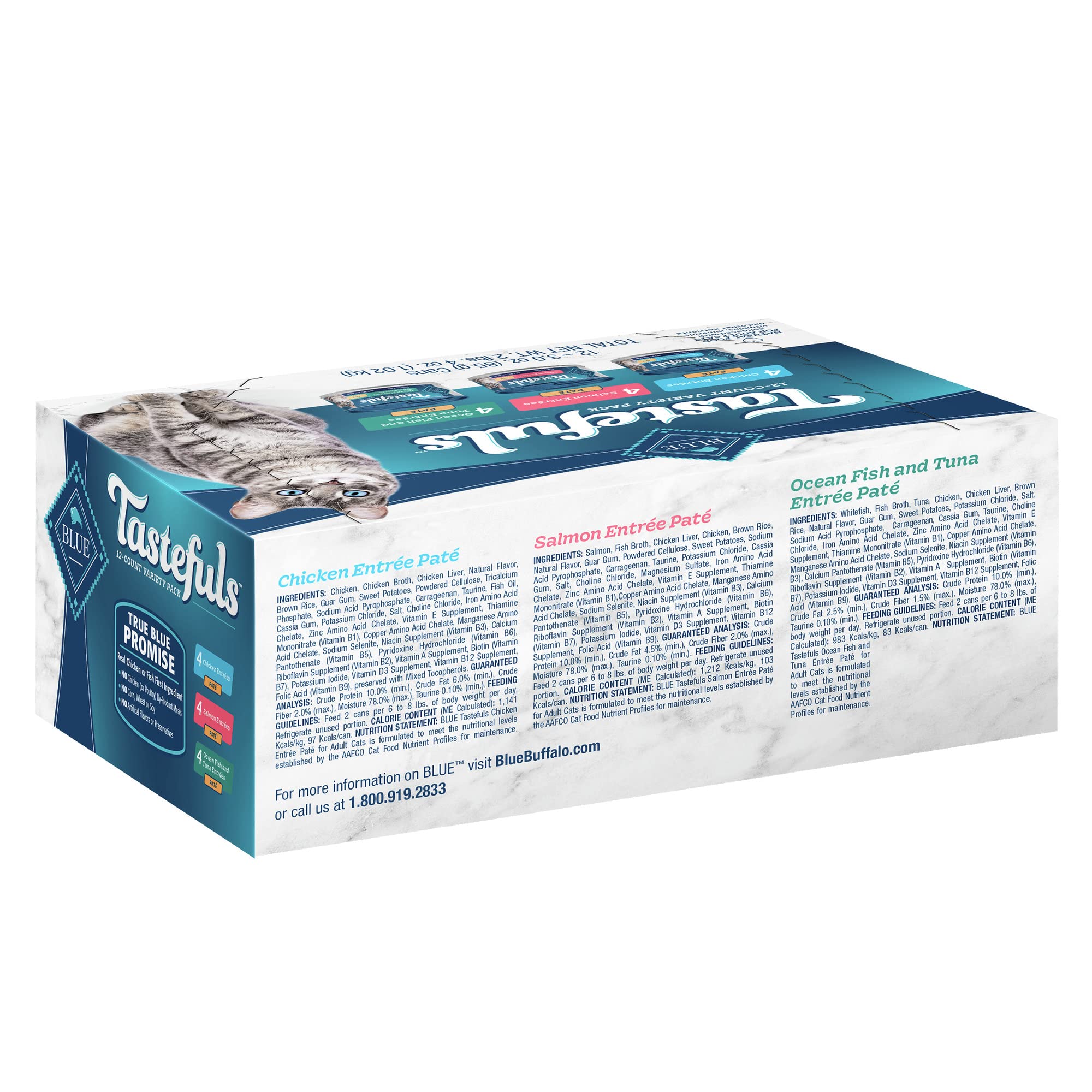 Blue Buffalo Tastefuls Natural Pate Wet Cat Food Variety Pack, Salmon, Chicken, Ocean Fish & Tuna Entr  es 3-oz Cans (12 Count -