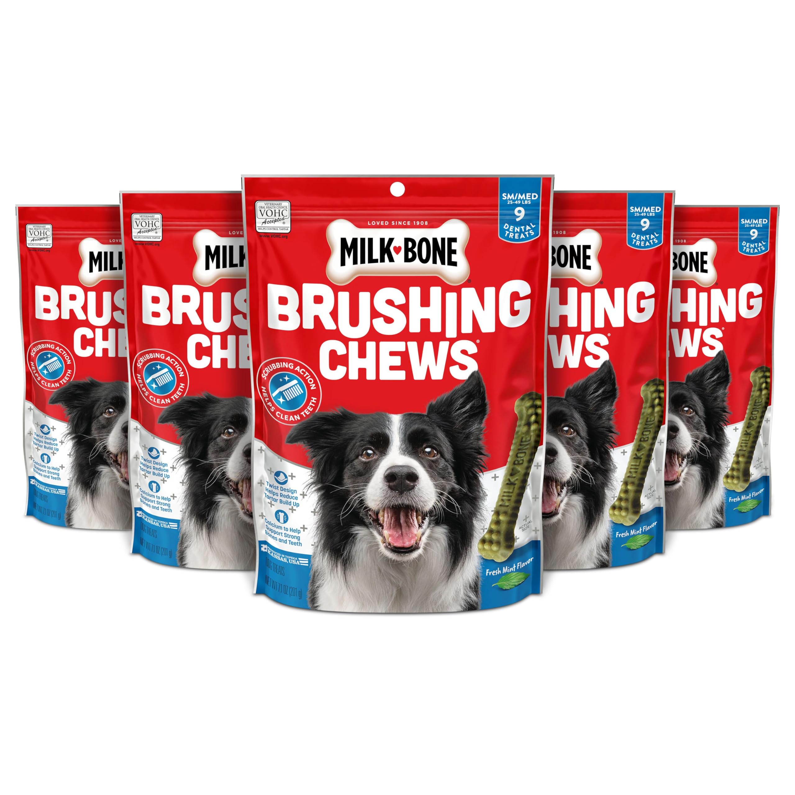 Milk-Bone Fresh Breath Brushing Chews, 9 Small/ Medium Daily Dental Dog Treats (Pack of 5) Scrubbing Action Helps Clean Teeth