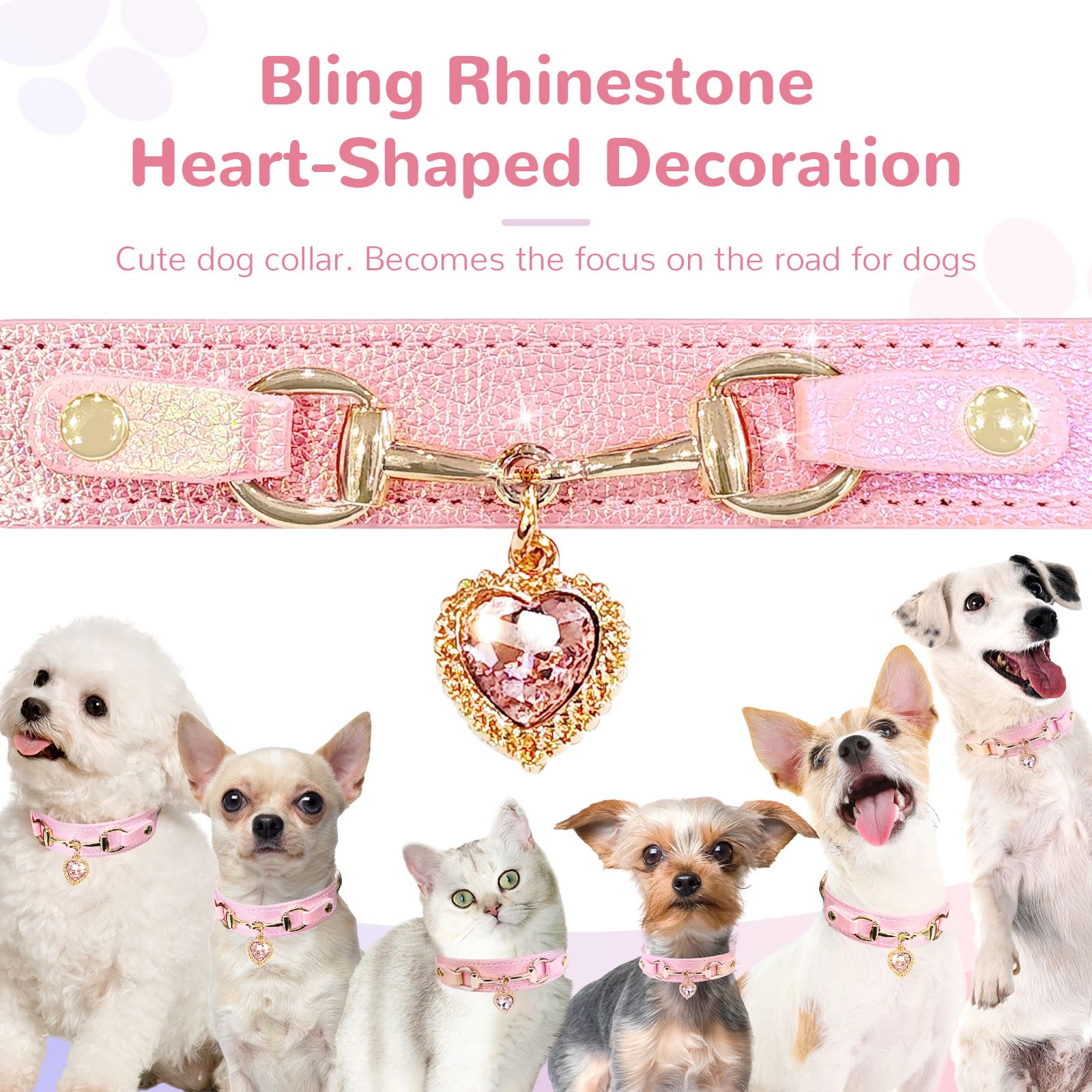 Petcare Cute Small Dog Cat Collar, Unique Pu Leather - Bling Sparkle In The Sunlit, Puppy Collars With Rhinestone Heart Pendant,
