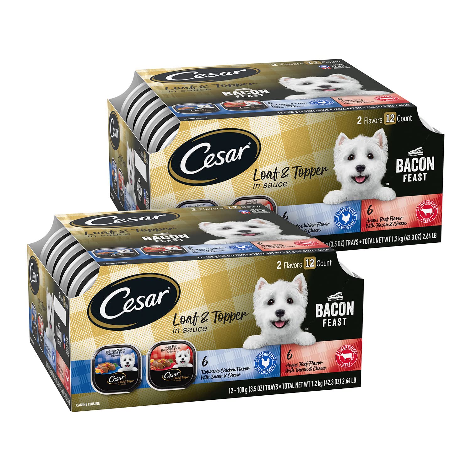 Cesar Wet Dog Food Loaf in Sauce Bacon Feast Variety Pack, 3.5 oz. Easy Peel Trays (12 Count, Pack of 2)