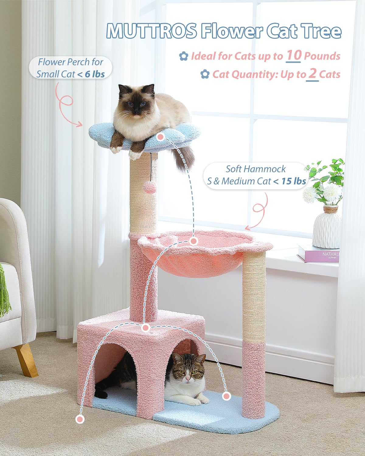 Muttros Flower Cat Tree With Large Metal Frame Hammock, 35' Pink Cat Tower With Sisal Scratching Posts For Small Indoor Cats, Cat Condo With Blue Top Perch For Kittens, Fluffy Ball, Pink