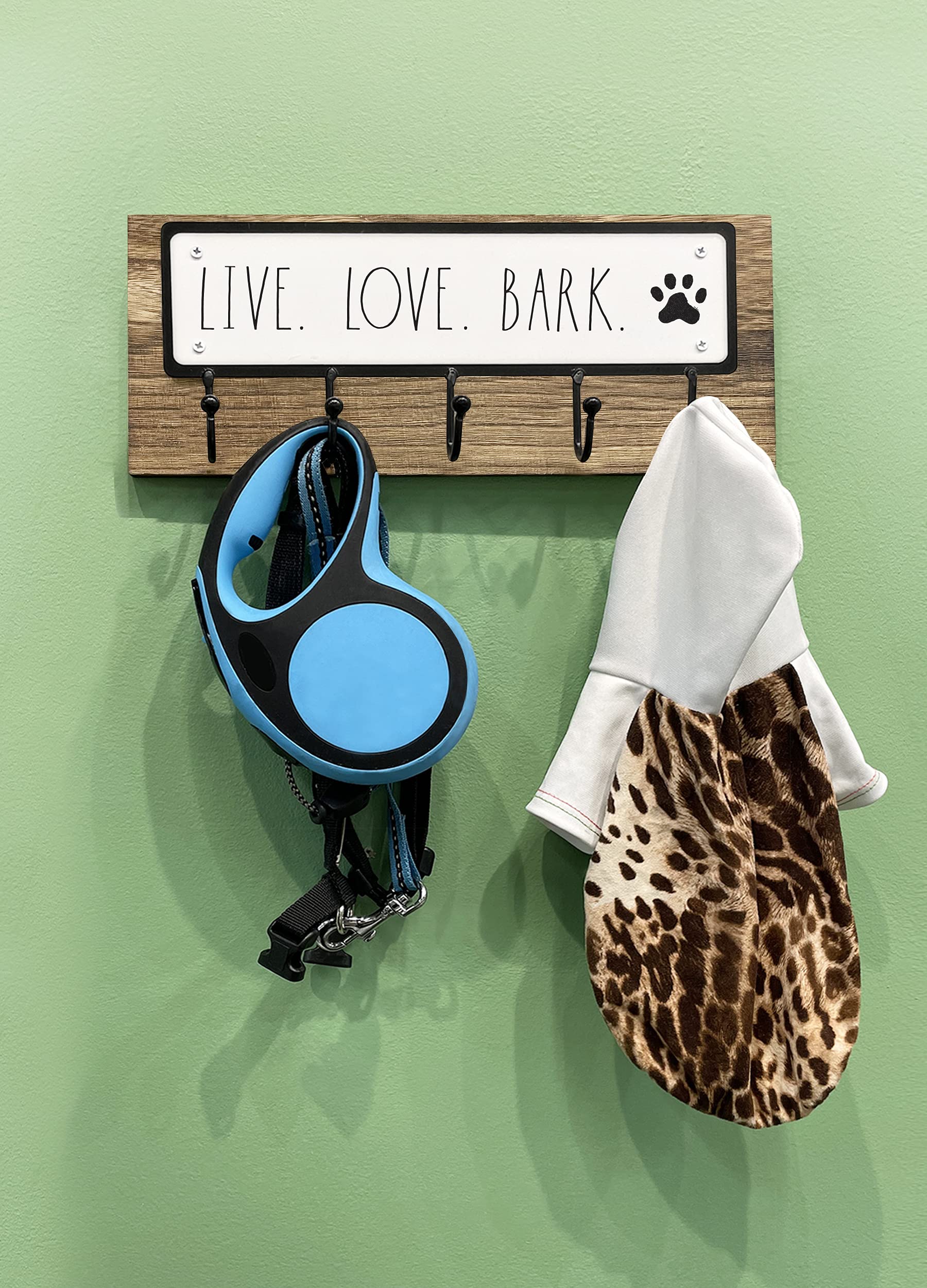 Rae Dunn Dog Leash Holder For Wall - Cute Dog Leash Hook Holder And Wall Mount Hanger Organizer For Pet Items, Keys, Collar And Leashes - Pet Themed Messages With Paw Print - Dark Wood
