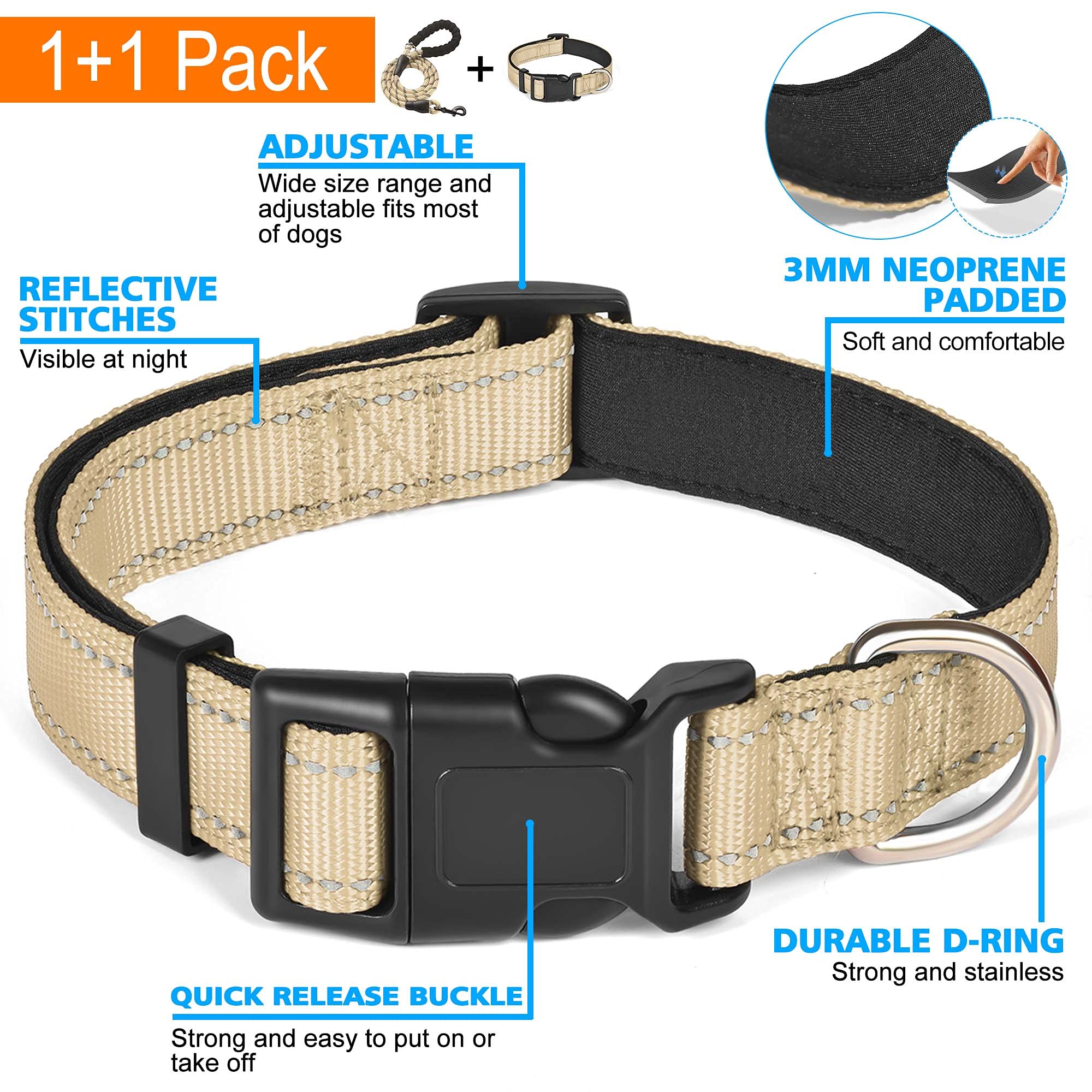 Ladoogo Reflective Dog Collar Padded With Soft Neoprene Breathable Adjustable Nylon Dog Collars For Small Medium Large Dogs (X-Small (Pack Of 1), Vanilla Collar+Leash)