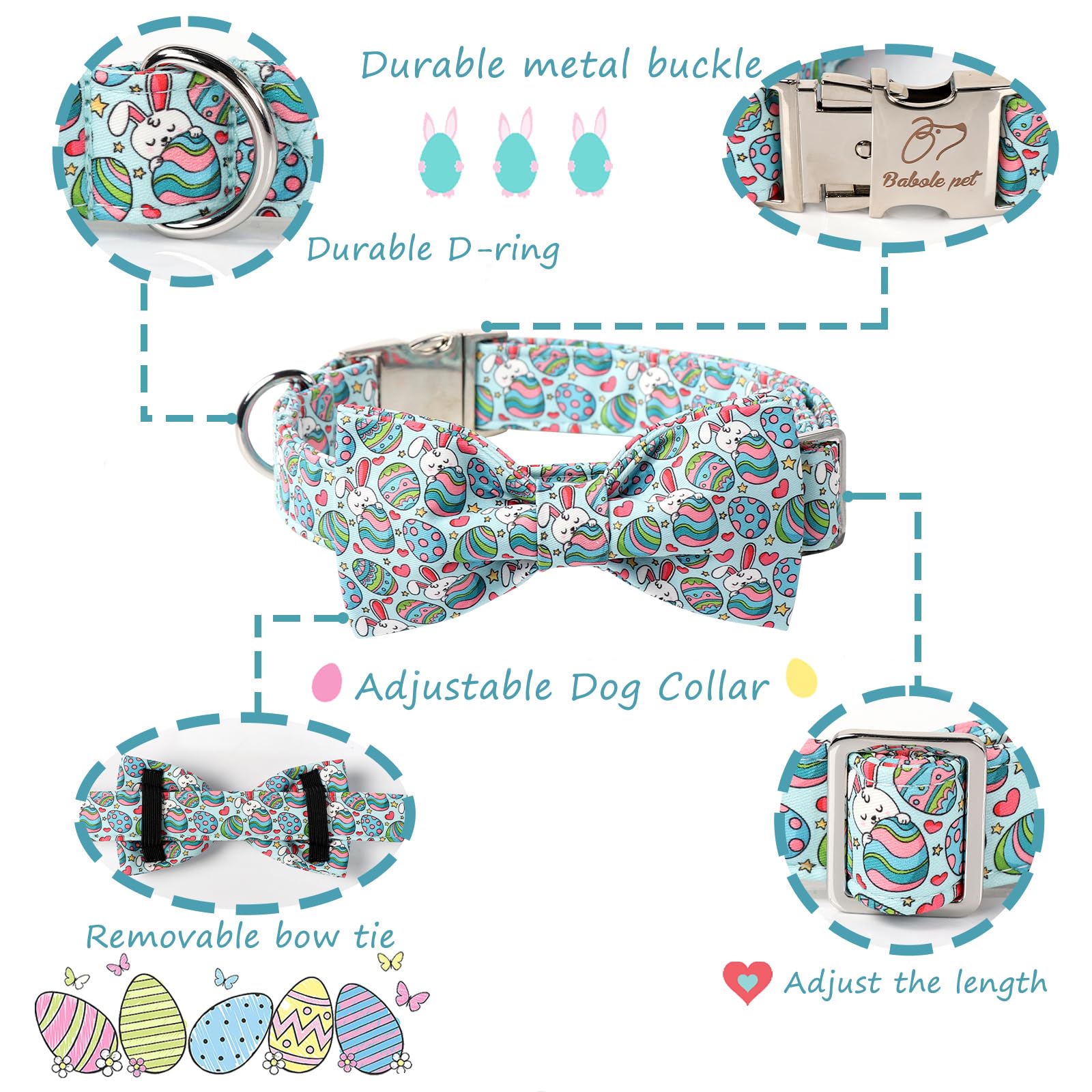 Babole Pet Easter Dog Collar With Bow Tie, Eggs Bowtie With Safety Metal Buckle, Cute Boy Girl Bunny Collar For Small Medium Dog