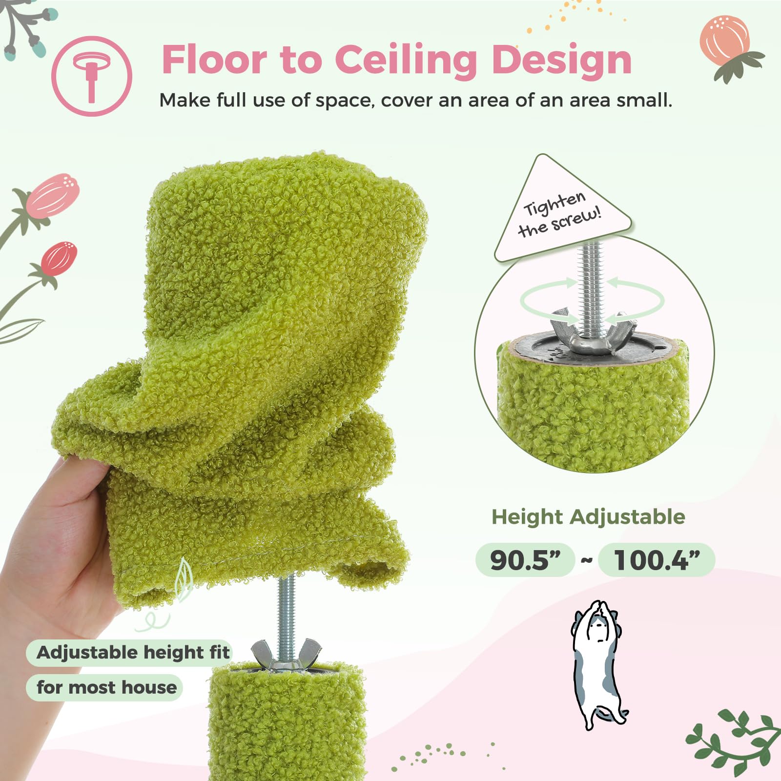 Pequlti Tall Cat Tree Floor To Ceiling Cat Tower Adjustable Height (90.5''-100.4'' = 230Cm-252Cm) With Cat Condo, Cozy Hammock A