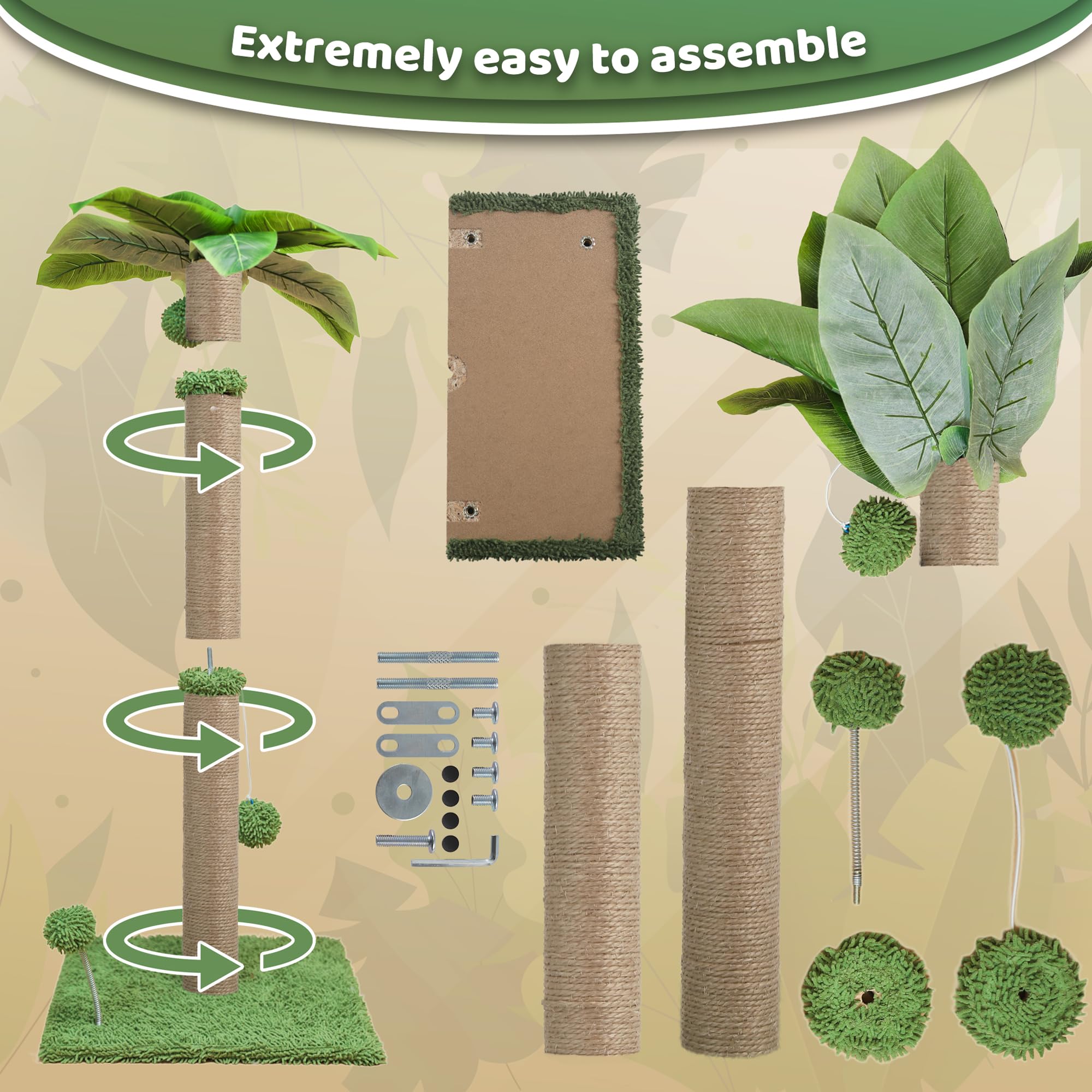 34'' Cat Scratching Post For Average Cats, Green Palm Cat Tree, Cat Scratcher For Indoor Cats With Hanging Toy Balls For Large C