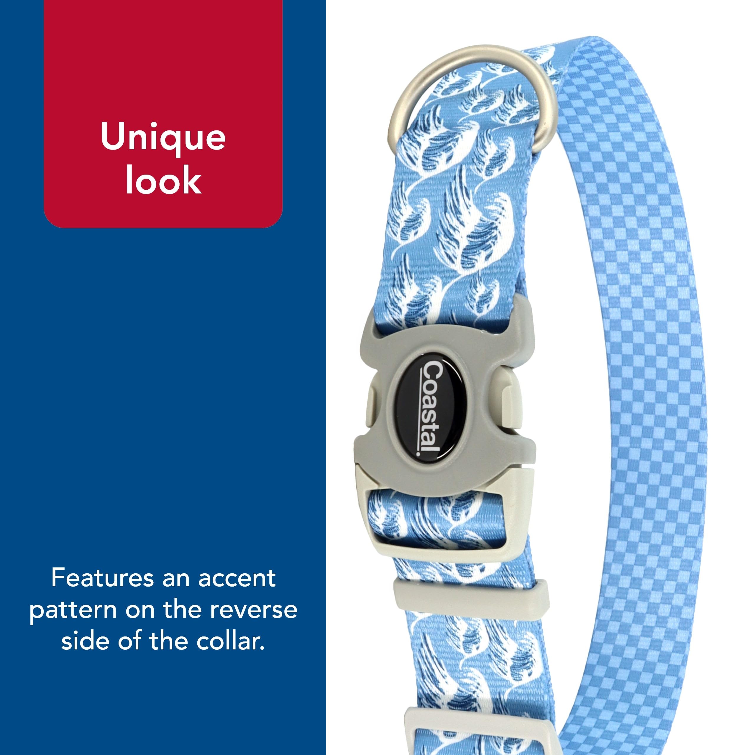 Coastal Pet Sublime Adjustable Dog Collar - Adjustable Plastic Buckle - Vibrant & Colorful Dog Collar With Fade-Resistant Patterns - Blue Waves With Blue Checkers, Large - 1 1/2' X 18'-26'