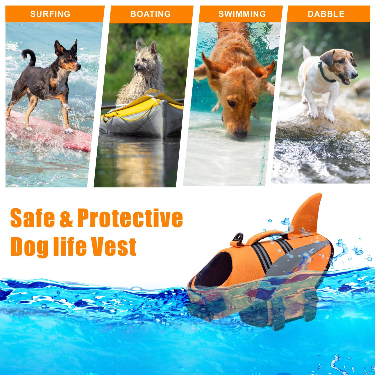 Mosucoirl Dog Life Jacket High Flotation,Shark Dog Lifesavers Floats Coat High Visibility Reflective Pet Safety Vest Swimsuits S