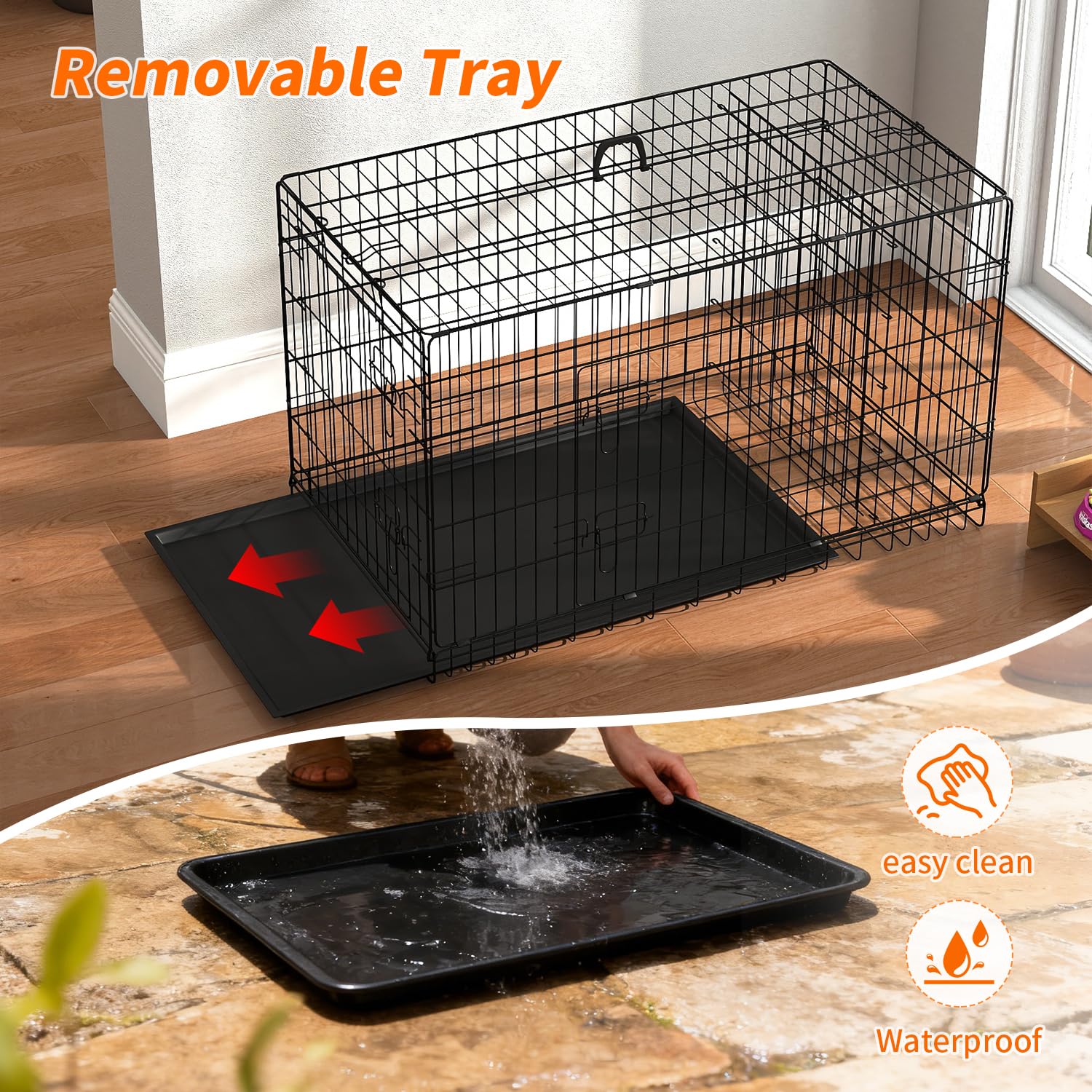 FDW Dog Crate 42-Inch Dog Cage Single Door Foldable Metal Kennel with Leakproof Tray Foldable Design Indoor Outdoor Use for Larg