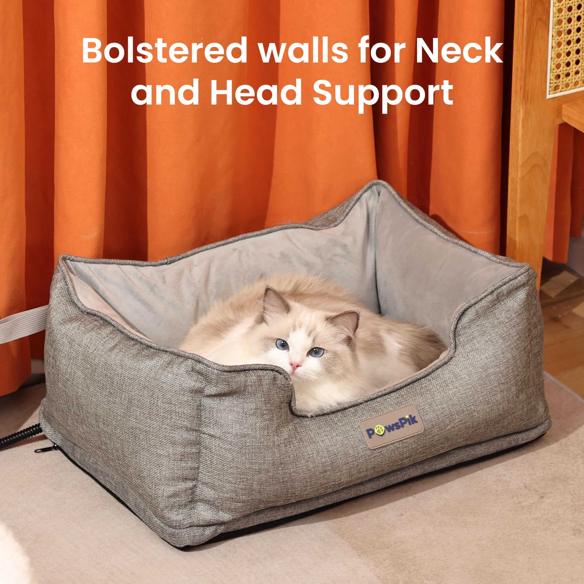 PAWSPIK Heated Cat Bed - Electric Pet Warmer for Indoor Use, One Size, Ash Gray, Sherpa Lined, Model PSPK-HB01