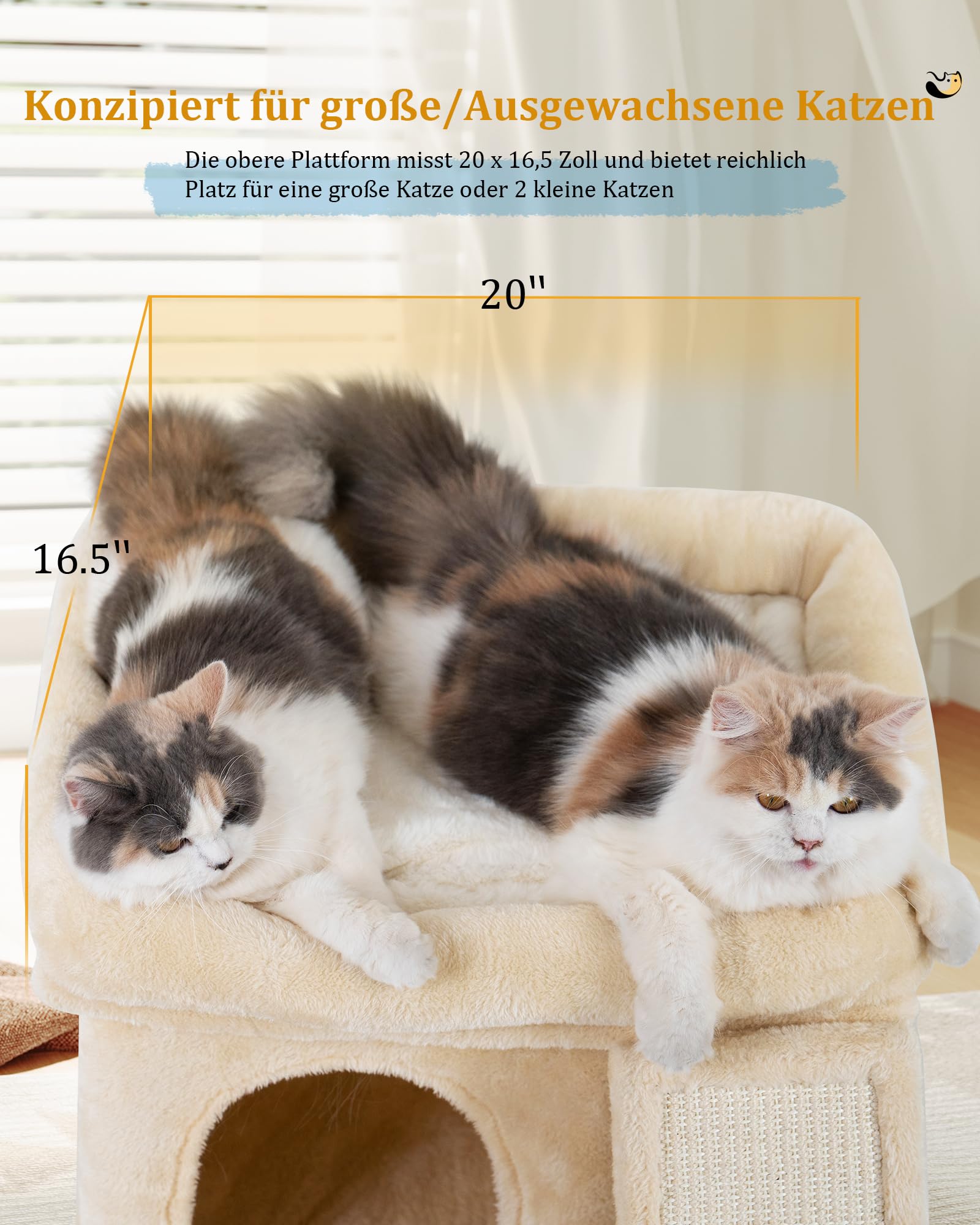 Aechonow Cat Tree Tower 14in with Large Perch & Scratching Post for Adult Cats, Beige, Model CTT00123A109