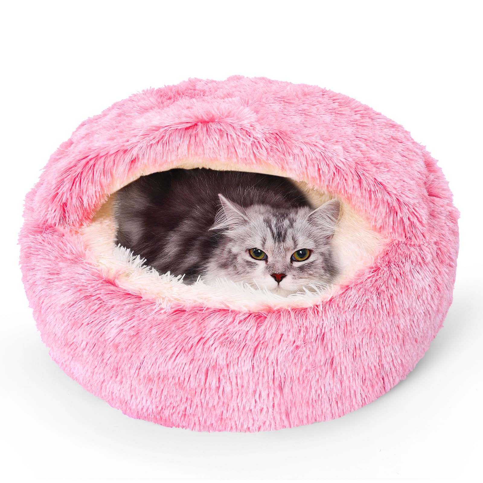 Calming Dog Beds With Hooded Cat Cave Cover - Removable, Washable Round Beds For Small To Medium Pets, Anti-Slip Faux Fur Fluffy