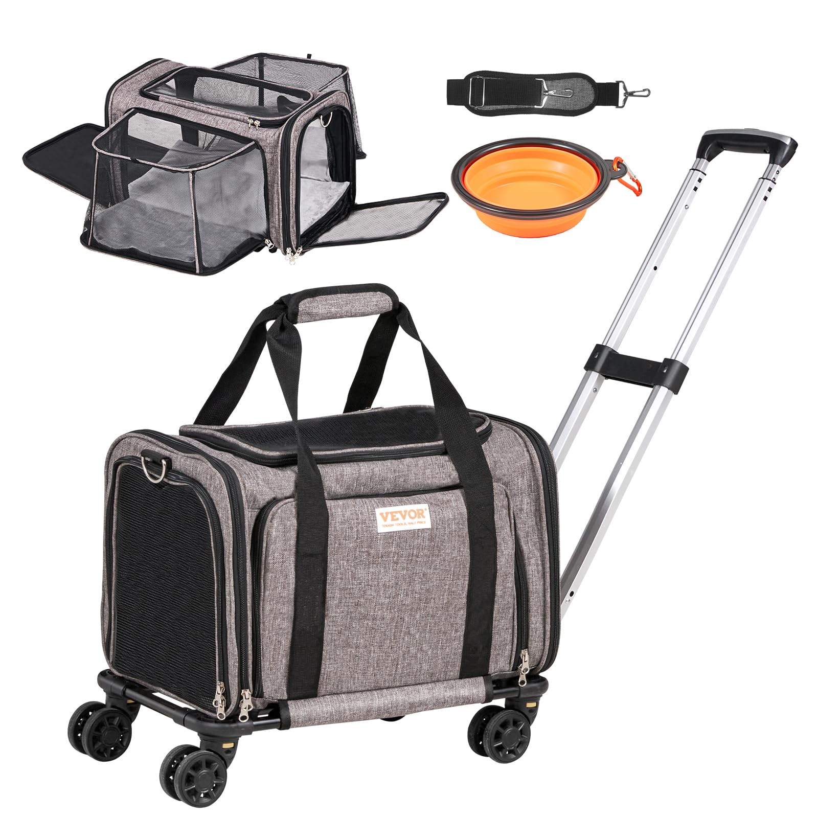 Vevor Airline Approved Pet Carrier With Wheels, Expandable Rolling Cat Dog Carrier For Medium Dogs And Cats Under 25Lbs, Pet Tra