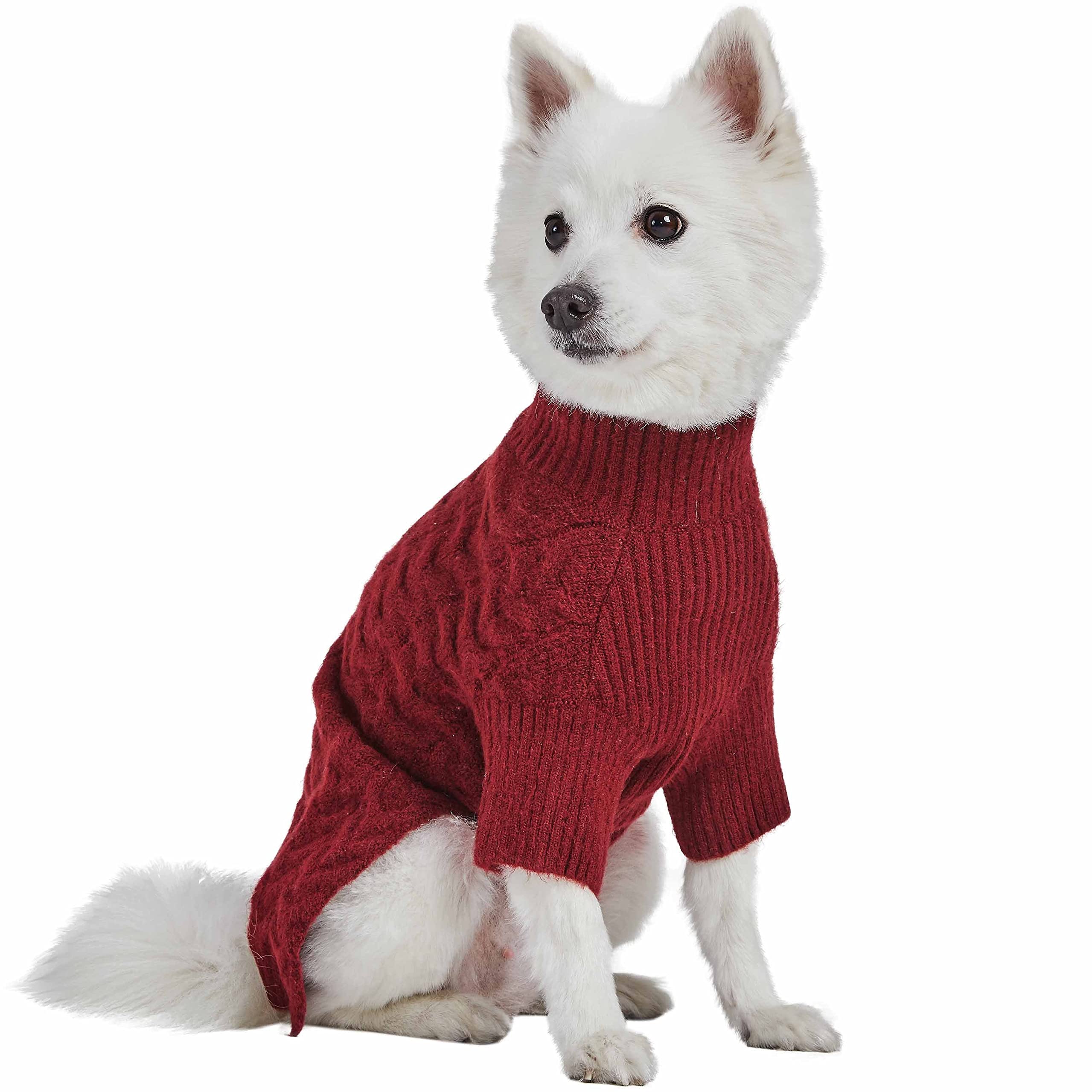 Blueberry Pet Classic Fuzzy Textured Knit Pullover Turtle-Neck Dog Sweater in Burgundy Red, Back Length 14'', Pack of 1 Clothes