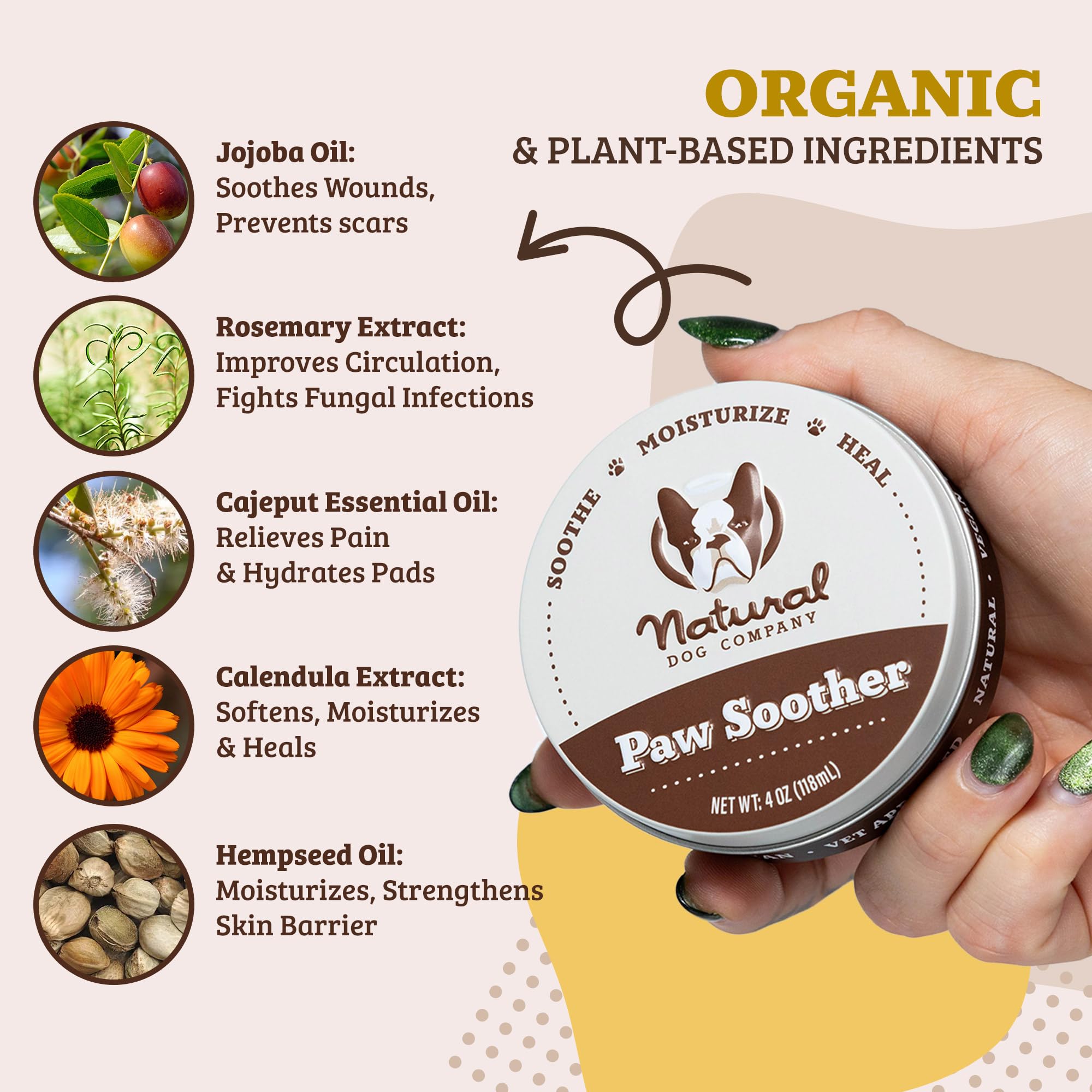 Natural Dog Company Paw Soother Balm, 4 oz. Tin, Dog Paw Cream and Lotion, Moisturizes & Soothes Irritated Paws & Elbows, Protec