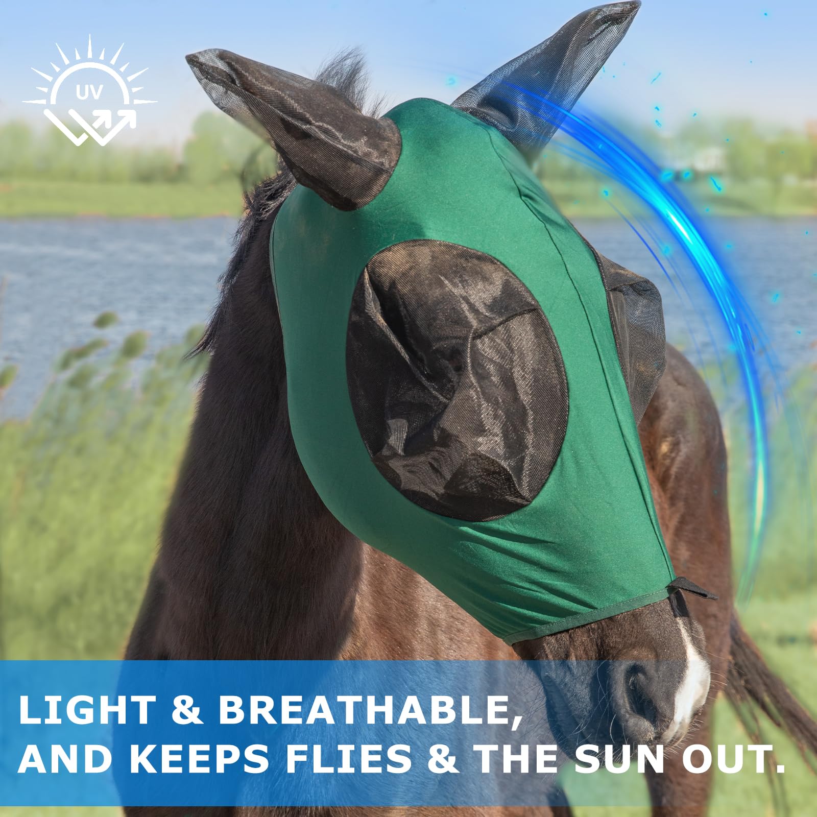 Stretchy Menjo Outdoors Horse Fly Mask with Ears, UV Protection for Horses, Breathable Comfortable Forest Green Fly Mask Suitabl