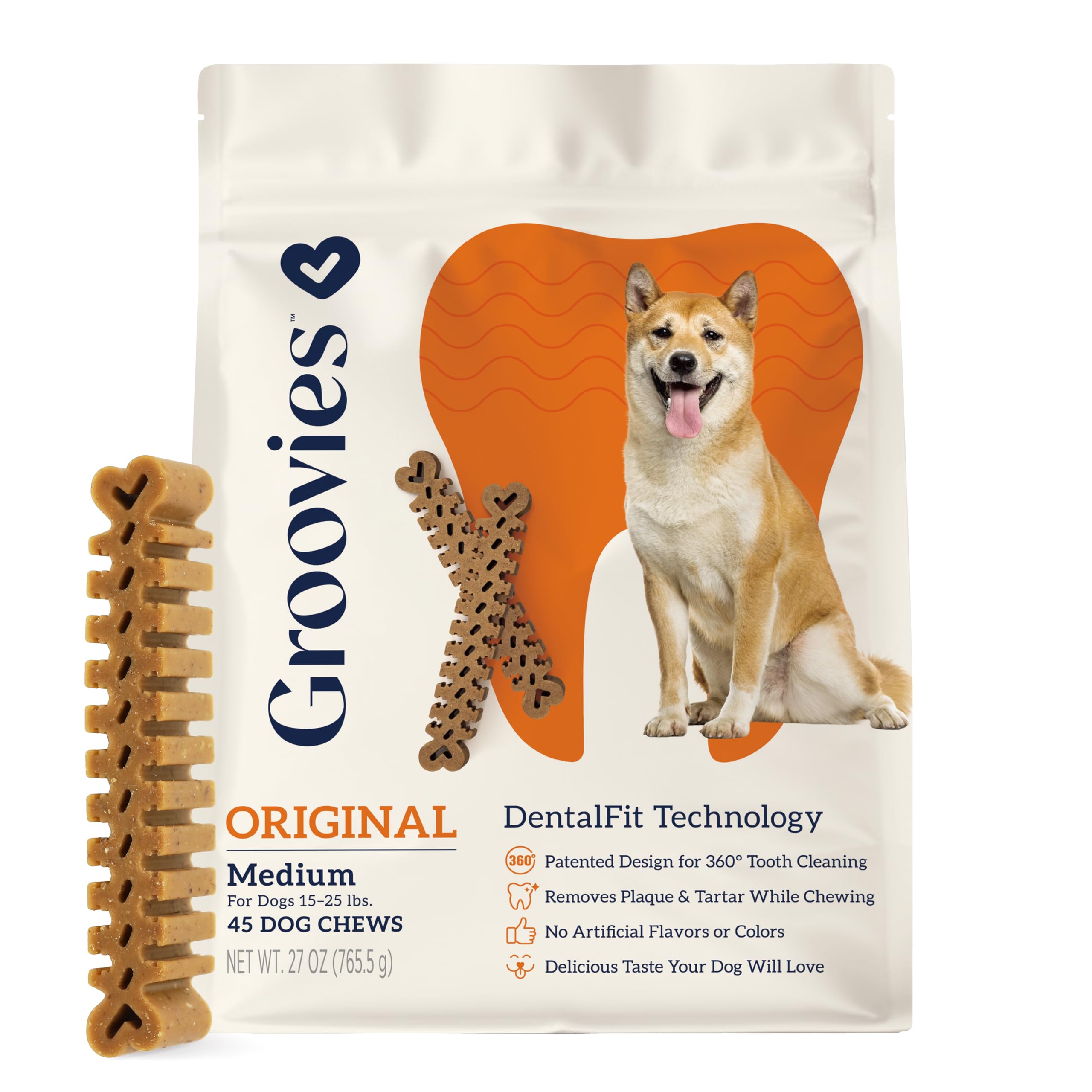 Groovies Flexible Dog Dental Chews with Patented DentalFit Technology to Help Support Tartar Control & Fresh Breath, Medium Dog 