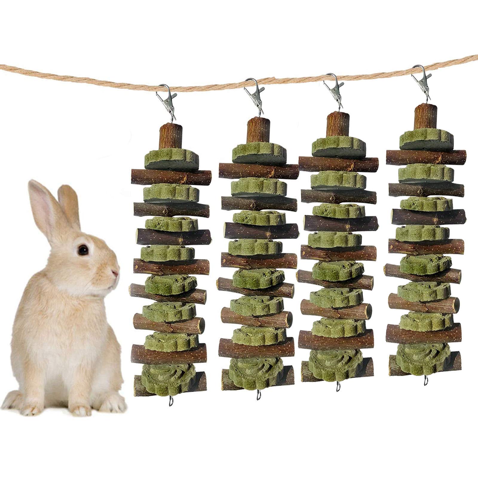kathson 4PCS Bunny Chew Toys for Teeth Grinding, Chinchilla Treats Organic Bamboo Sticks Natural Fruitwood Branches for Rabbits 