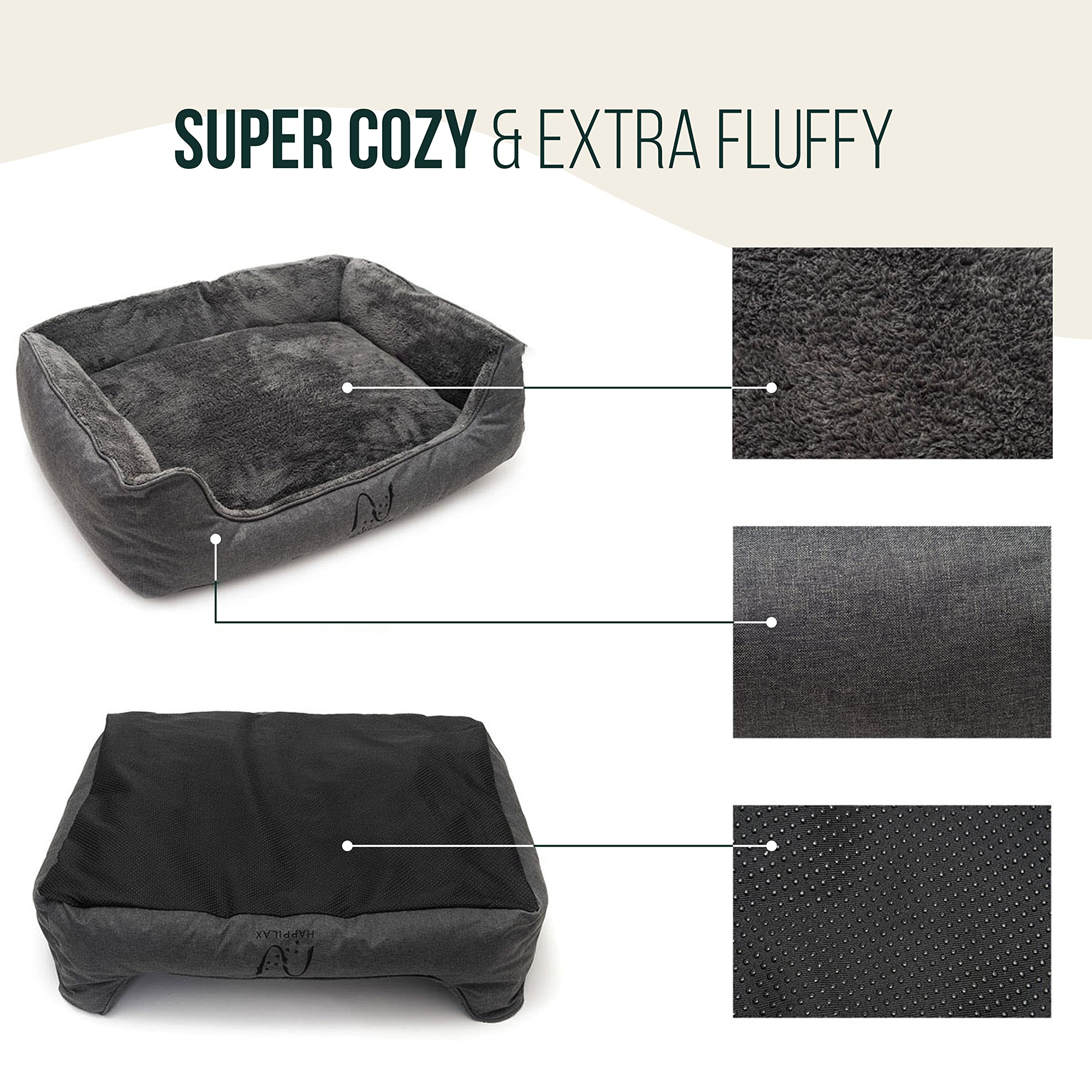 Happilax Dog Bed - Washable Plush Pillow - Dog Bed With Removable Cover - Raised Edges - Small To Large Dogs - Rectangular Bolster Pet Bed - Grey