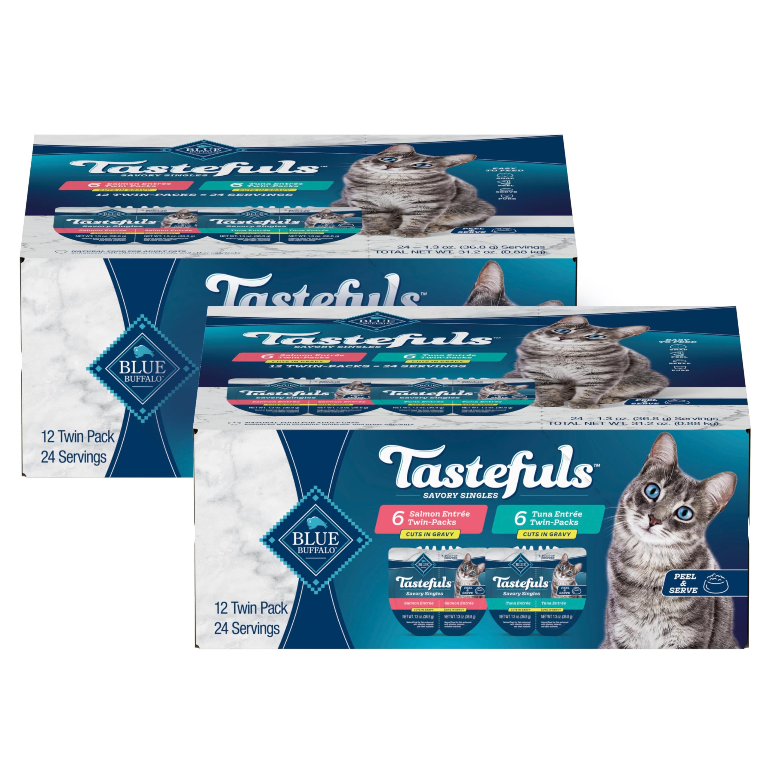 Blue Buffalo Tastefuls Savory Singles Natural Wet Cat Food Variety Pack, Salmon & Tuna Cuts in Gravy, 2.6-oz. Twin-Pack Trays (2