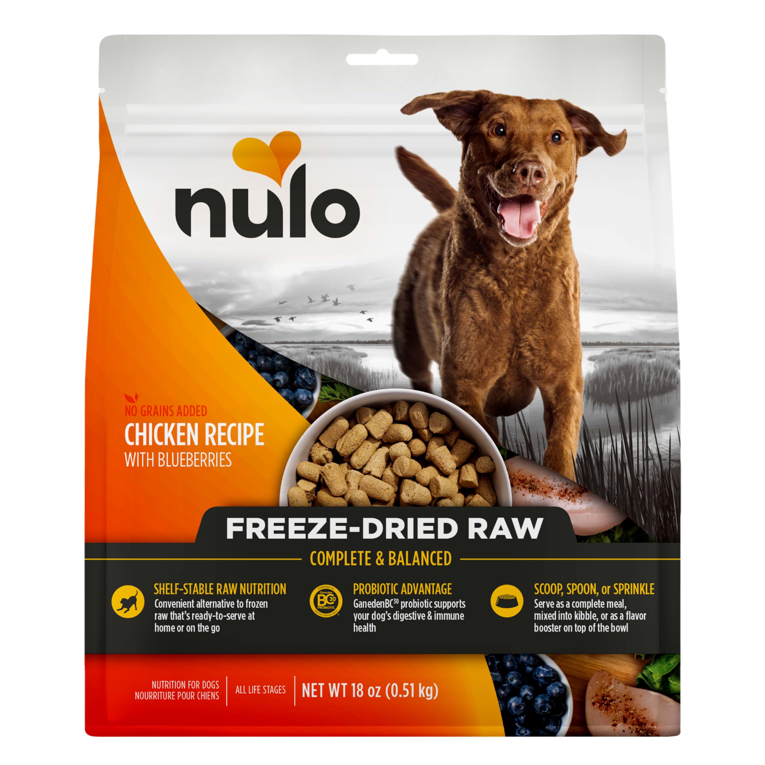Nulo Freeze-Dried Raw Chicken Recipe with Blueberries Complete and Balanced Dry Dog Food Kibble, 18 Ounce Bag
