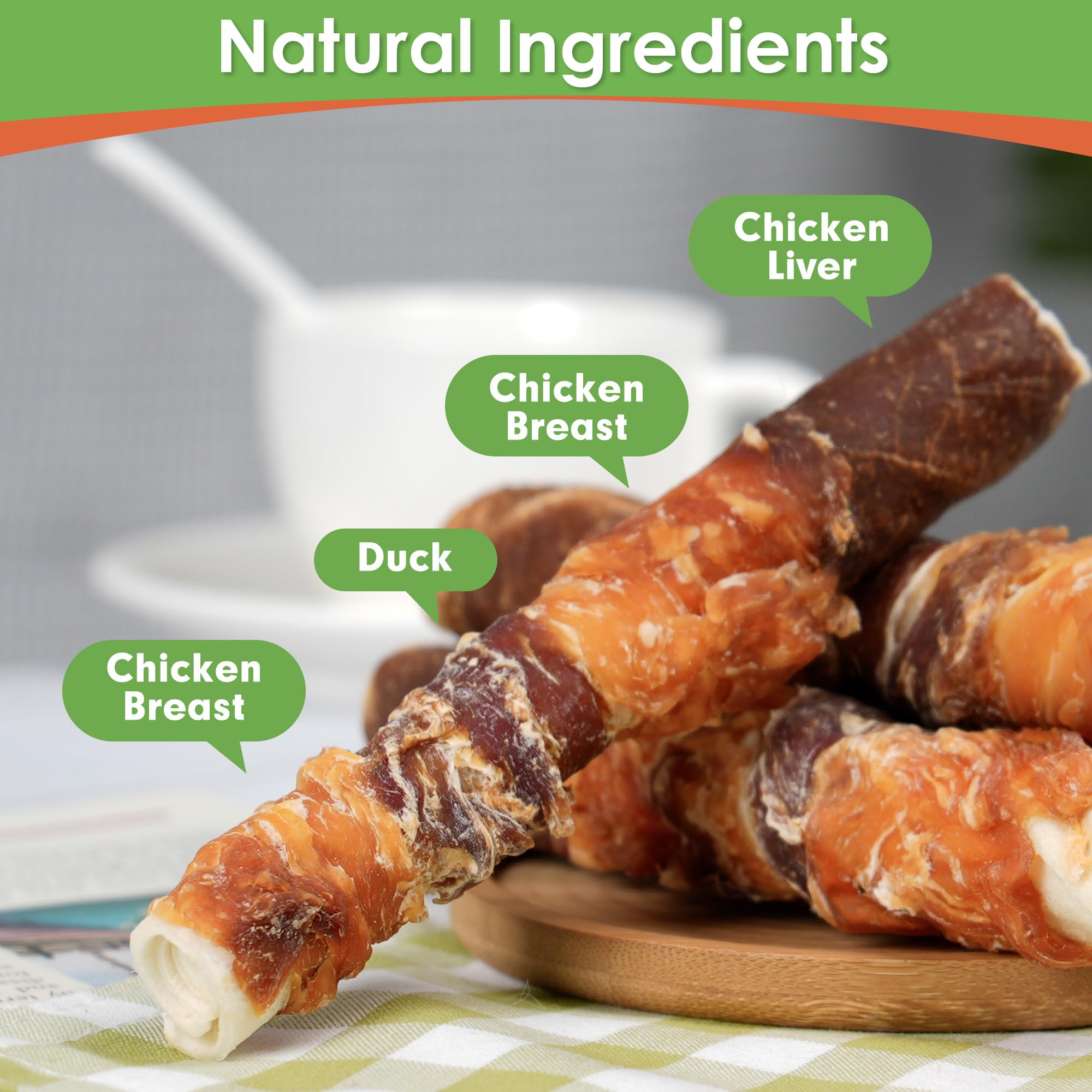 MON2SUN Dog Treats, Triple Flavor 6 Inch Chicken Liver Duck and Chicken Wrapped Rawhide Sticks, Teeth Cleaning Snacks for Medium